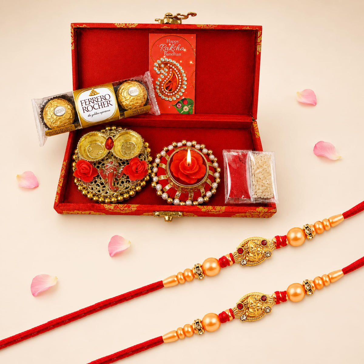 LoveNspire Brocade Raksha Bandhan Gift Hamper for Brother & Bhabhi - Includes 2 Designer Rakhis, Chocolate Pack, Candle Holder, Haldi Kumkum Holder