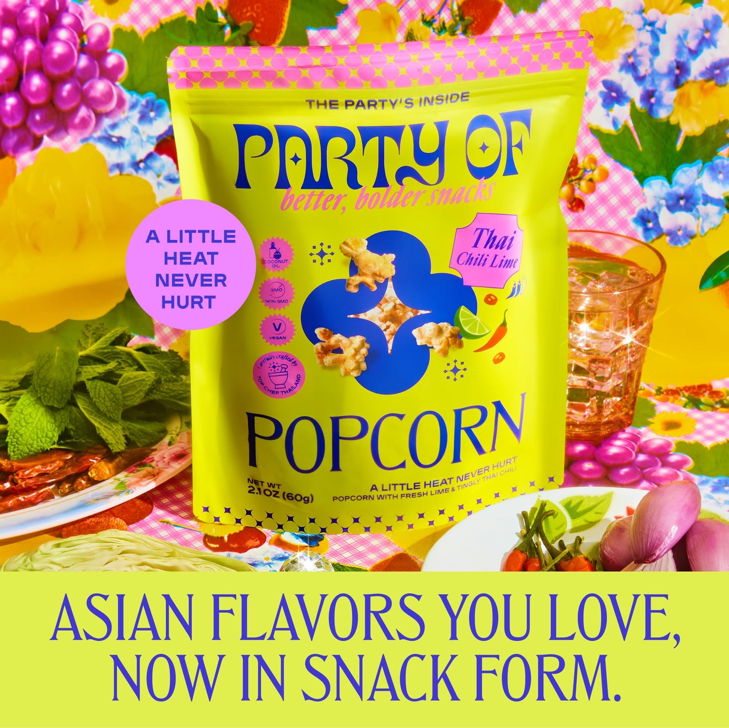Party of Thai Chili Lime Popcorn Snack - Savory Citrus Heat with Spicy Kick - Gluten-Free, Veggie-Based, Healthy Snack - Individually Wrapped for Easy