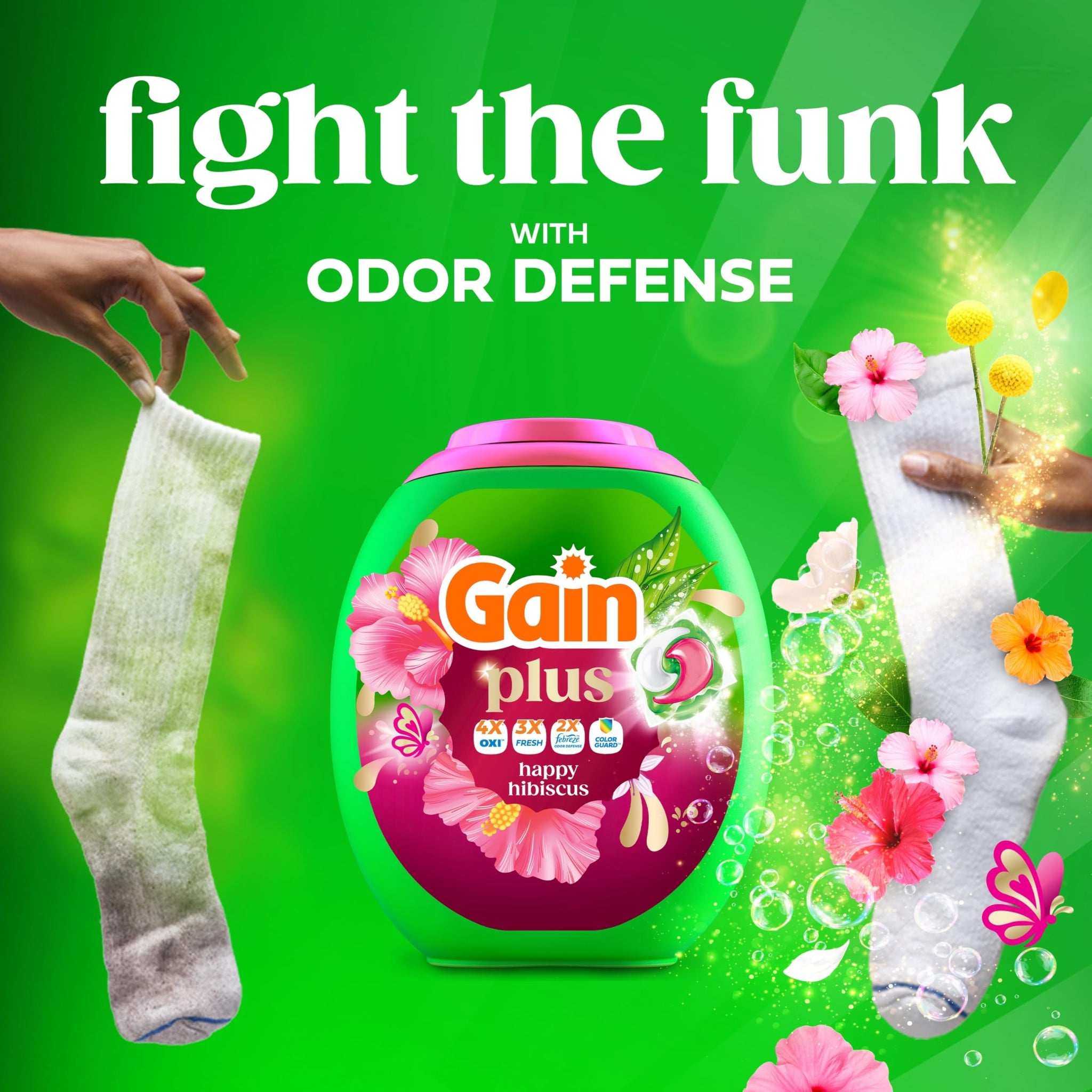Gain Plus Flings Liquid Washing Detergent Pods, Gain's Best Clean, All-In-One, Happy Hibiscus Scent Laundry Pacs, 45 Count (Packaging May Vary)