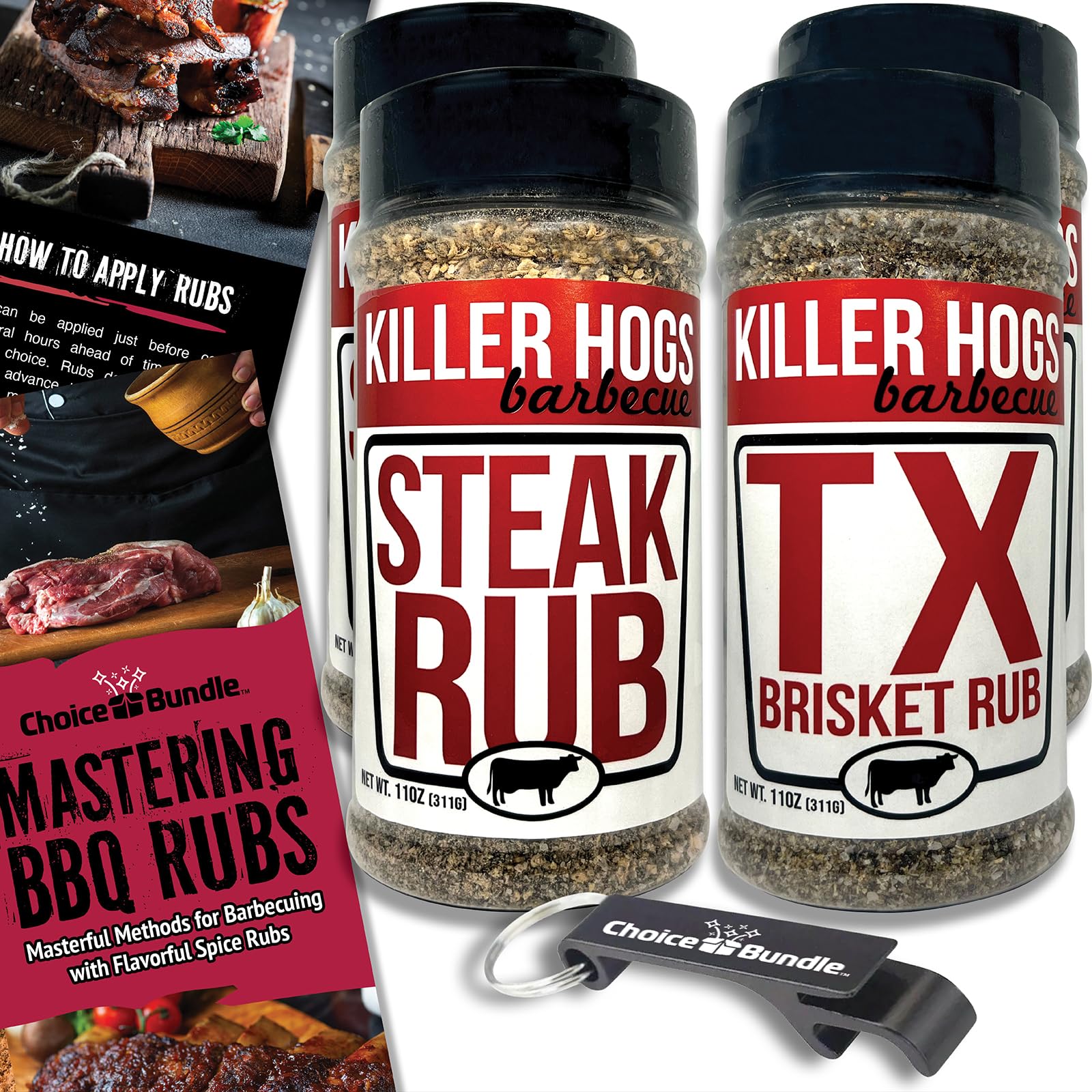 Killer Hogs Steak Rub & TX Texas Brisket Rub Premium BBQ Barbecue & Seasoning 4 pk Variety Choice Bundle (44 oz) + BBQ Guide & Keychain Bottle Opener