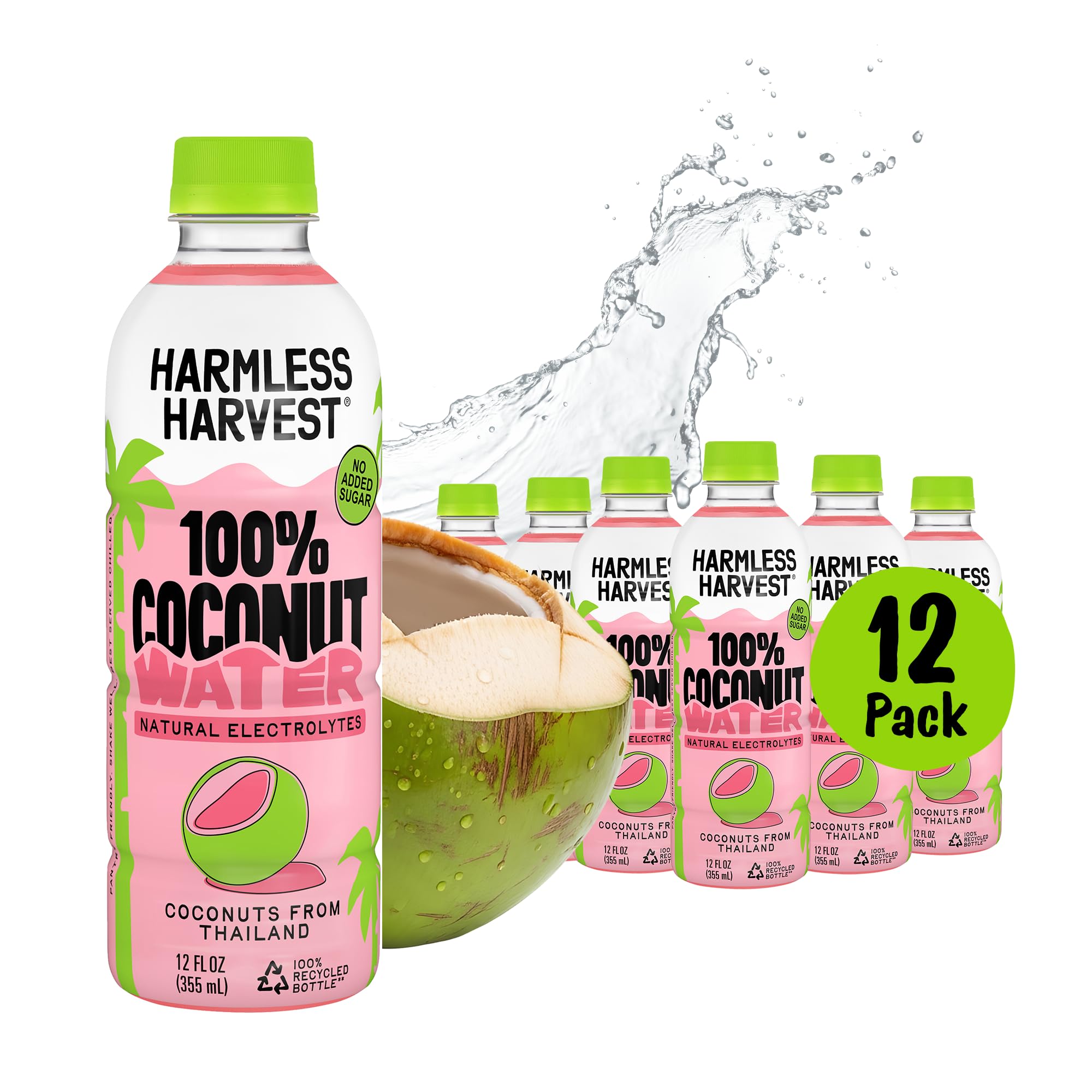 Harmless Harvest 100% Coconut Water 12 Fl Oz, 12pack, Natural Hydration with MCTs, No Sugar Added, Vegan & Non-GMO Certified