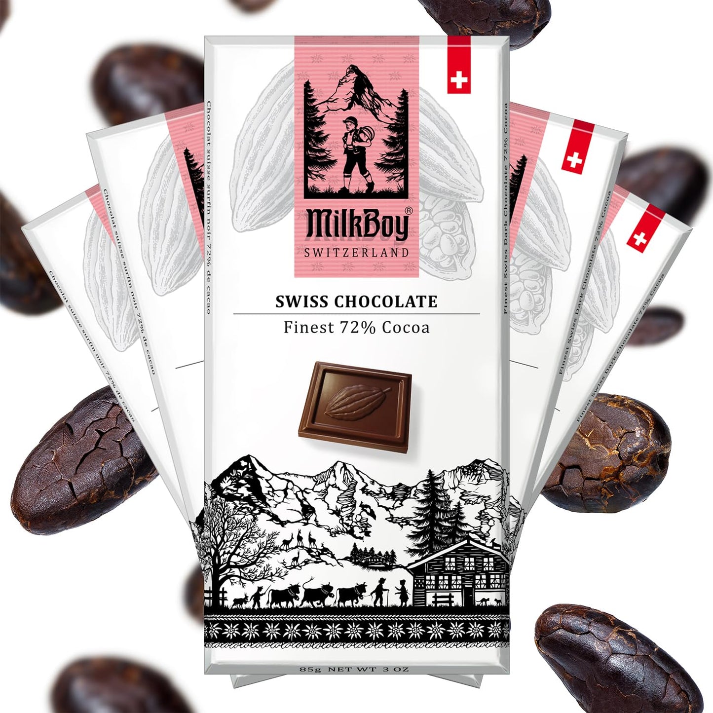 Milkboy Swiss Chocolates Dark Chocolates - 72% Cocoa, Made in Switzerland, Dairy Free, Vegan, Gluten-Free, Non-GMO, Kosher, Sustainably Farmed