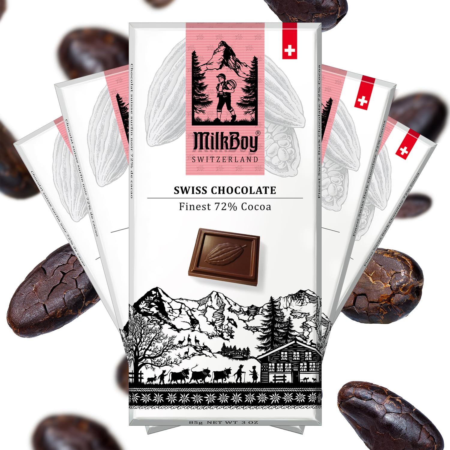 Milkboy Swiss Chocolates Dark Chocolates - 72% Cocoa, Made in Switzerland, Dairy Free, Vegan, Gluten-Free, Non-GMO, Kosher, Sustainably Farmed
