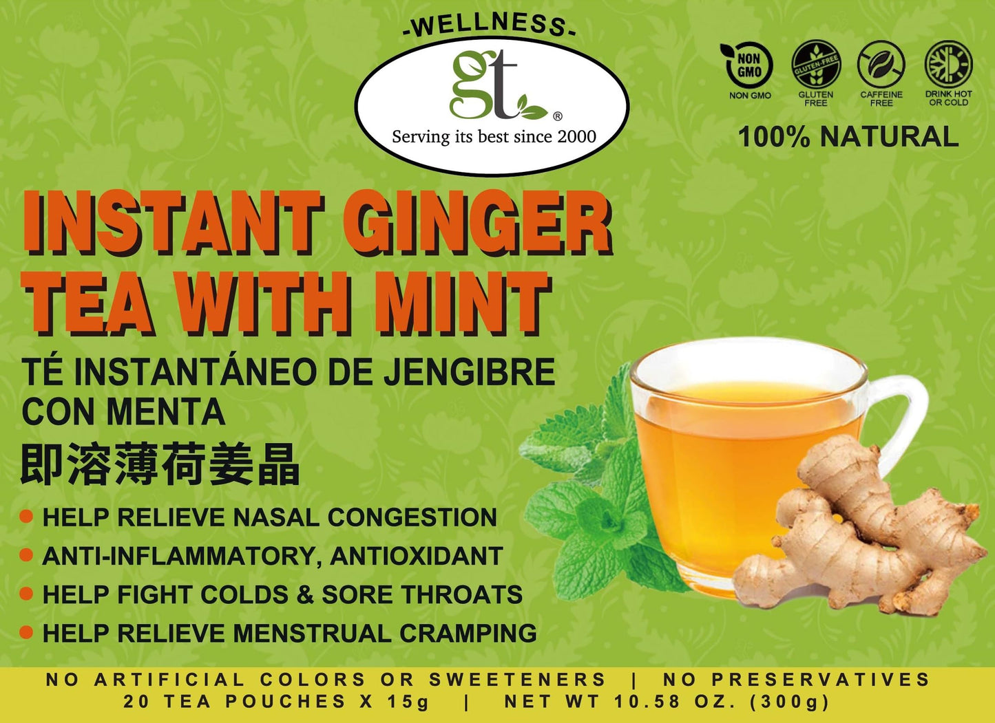 GT Instant Ginger Tea With Mint, 10.58 Ounce Box (20 Tea Pouches)