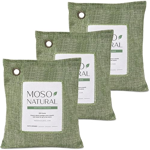 Moso Natural Air Purifying Bag 200g (3 Pack). A Scent Free Odor Eliminator for Cars, Closets, Bathrooms, Pet Areas. Premium Moso Bamboo Charcoal Odor