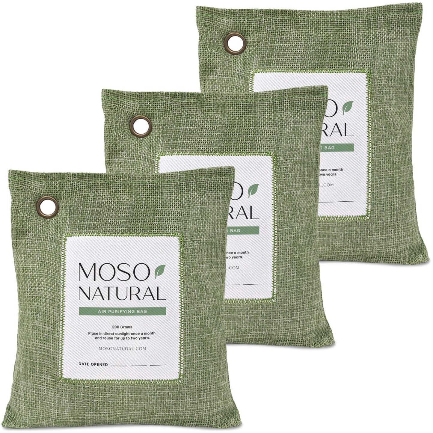 Moso Natural Air Purifying Bag 200g (3 Pack). A Scent Free Odor Eliminator for Cars, Closets, Bathrooms, Pet Areas. Premium Moso Bamboo Charcoal Odor