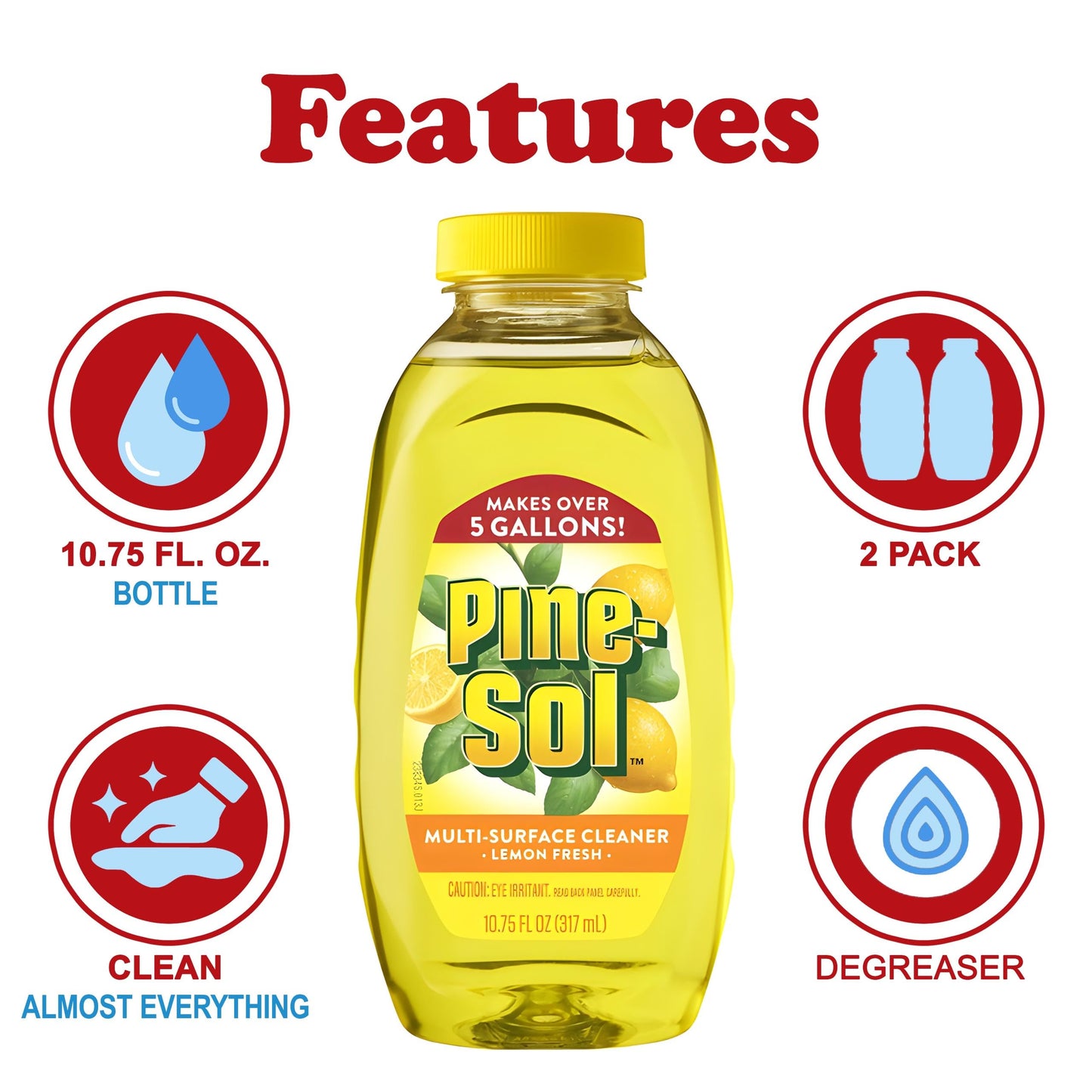 Pine-Sol Multi Surface Cleaner, 2 Pack, Concentrated Multi Purpose Cleaner and Degreaser for Kitchen and Bathroom, Makes 5 Gallons, Lemon Fresh Scent