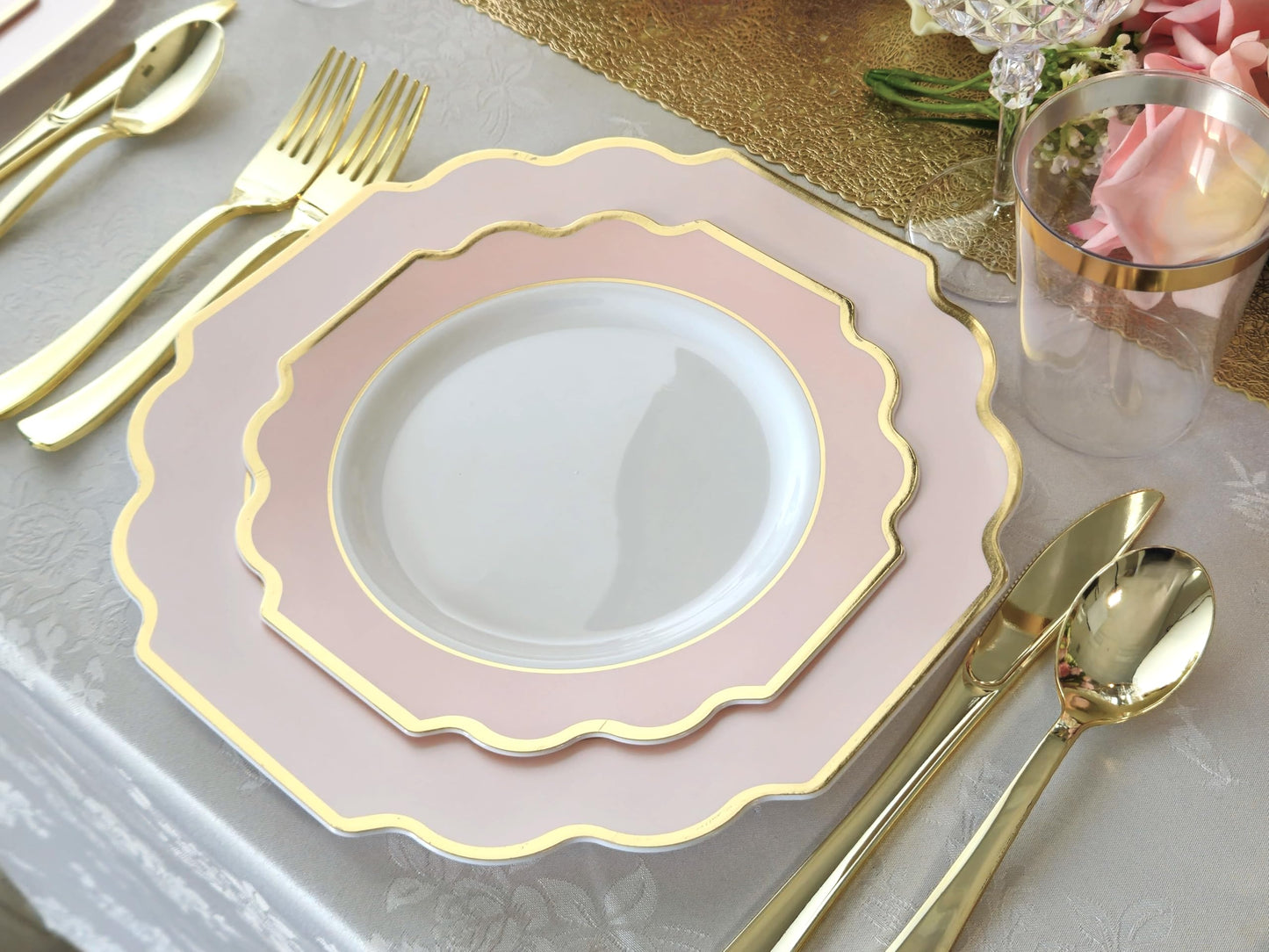 " OCCASIONS " 240 Plates Pack, Heavyweight Disposable Wedding Party Plastic Plates (8'' Appetizer/Dessert Plate, Imperial in White/Blush & Gold)