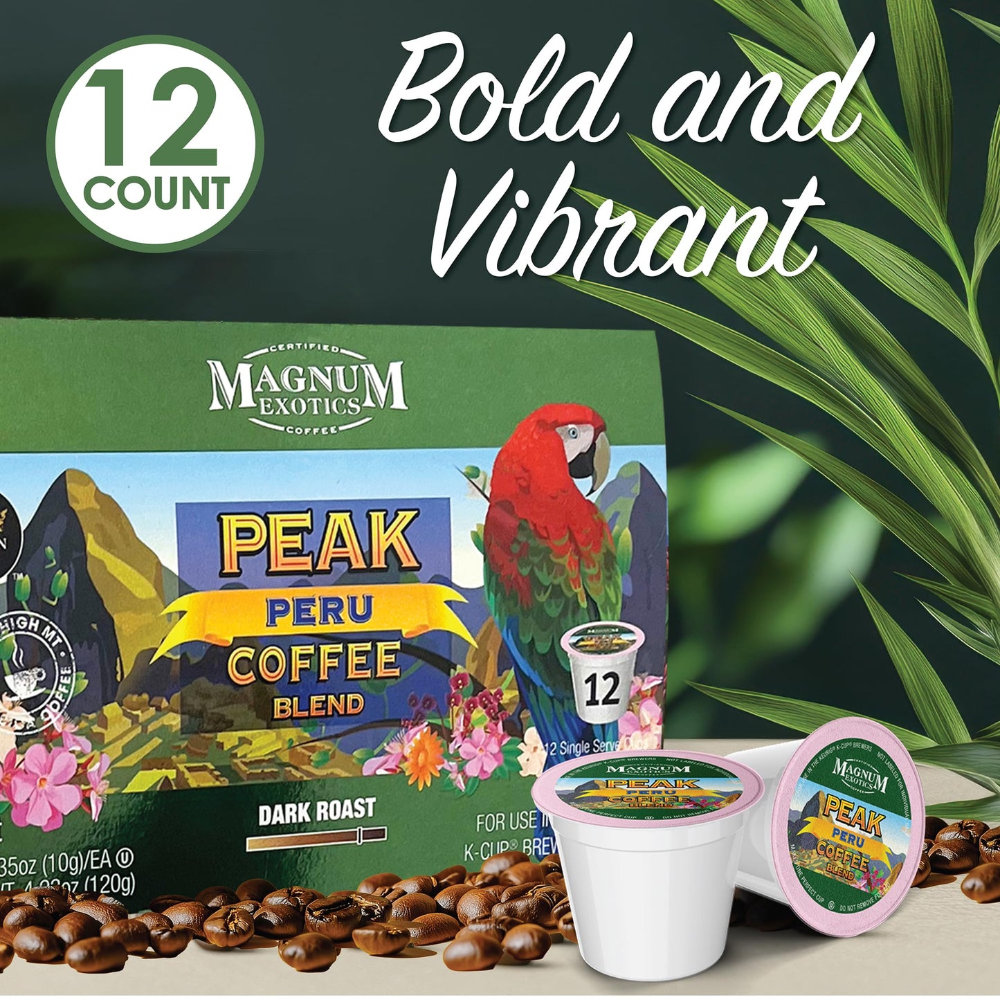 Magnum Exotics Coffee Peak Peru Blend - Dark Roast, 100% Arabica Coffee Pods, Fast Single Serve K Cups, Capsule Pods Compatible with Keurig - 12 Count