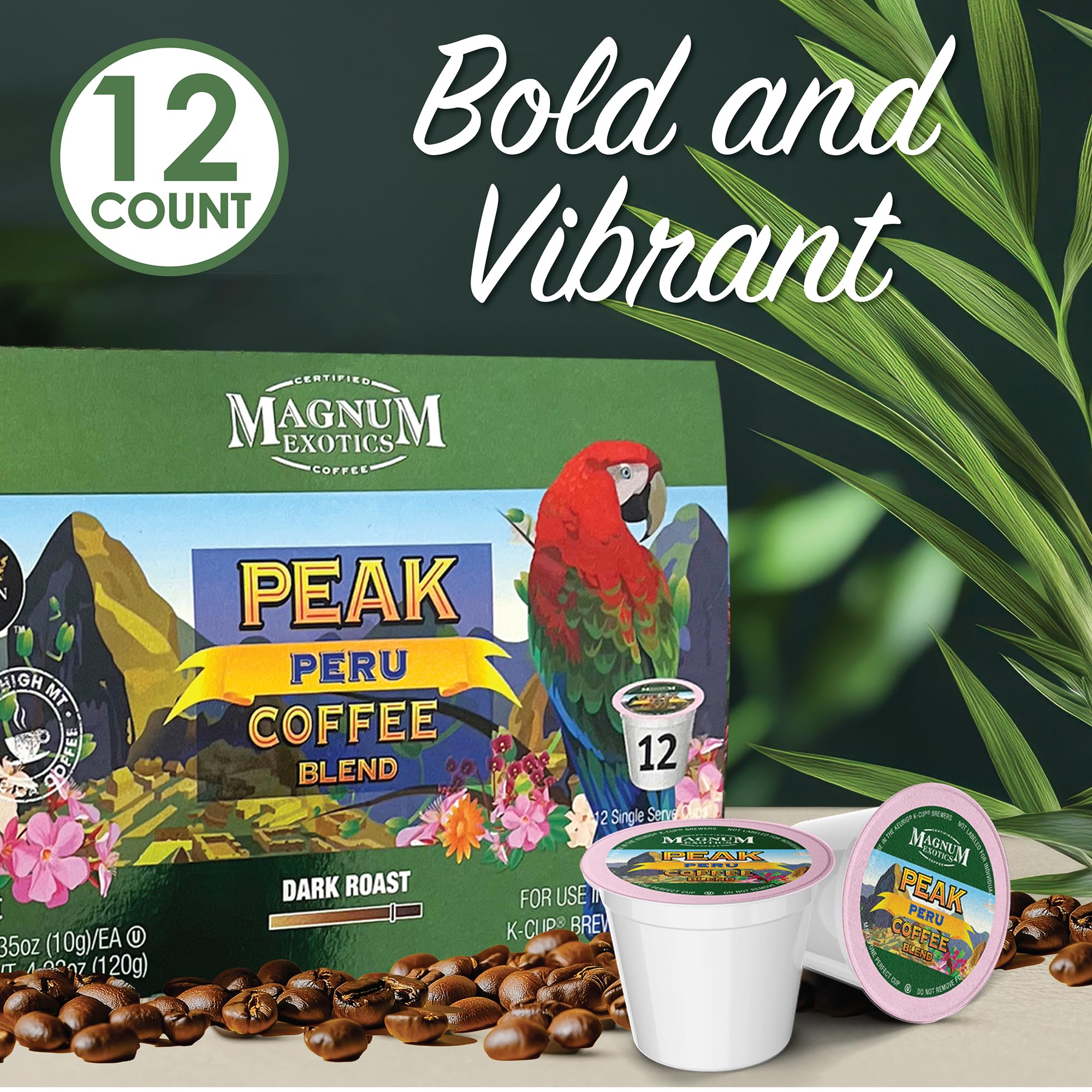 Magnum Exotics Coffee Peak Peru Blend - Dark Roast, 100% Arabica Coffee Pods, Fast Single Serve K Cups, Capsule Pods Compatible with Keurig - 12 Count