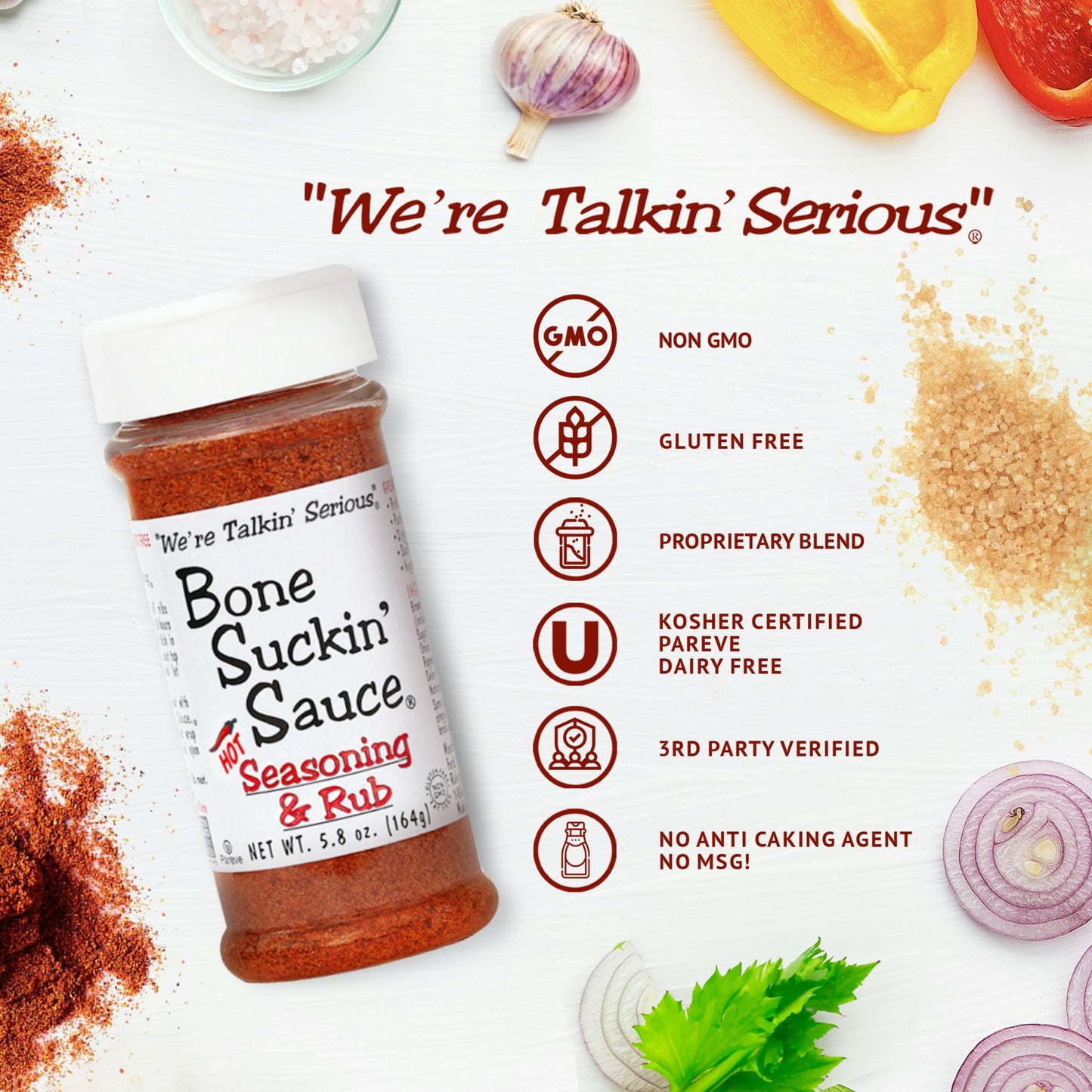 Bone Suckin' Hot Seasoning & Rub, 5.8 Oz - Grilling Rubs, Dry Pork Rub, Gluten-Free, Non-GMO, Kosher, Great on Ribs, Pork, Beef, Chicken, Seafood