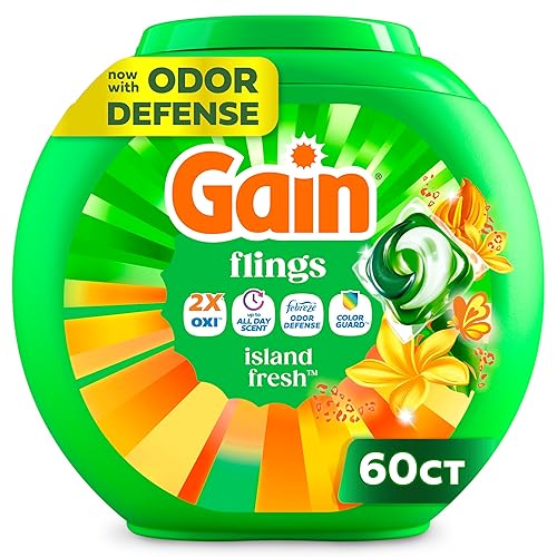 Gain Flings Liquid Washing Detergent Pacs with Odor Defense + Color Guard, Island Fresh Scent, 4-In-1 Liquid Laundry Detergent Pods, Clean & Fresh, 60