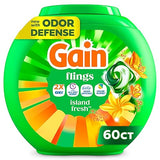 Gain Flings Liquid Washing Detergent Pacs with Odor Defense + Color Guard, Island Fresh Scent, 4-In-1 Liquid Laundry Detergent Pods, Clean & Fresh, 60