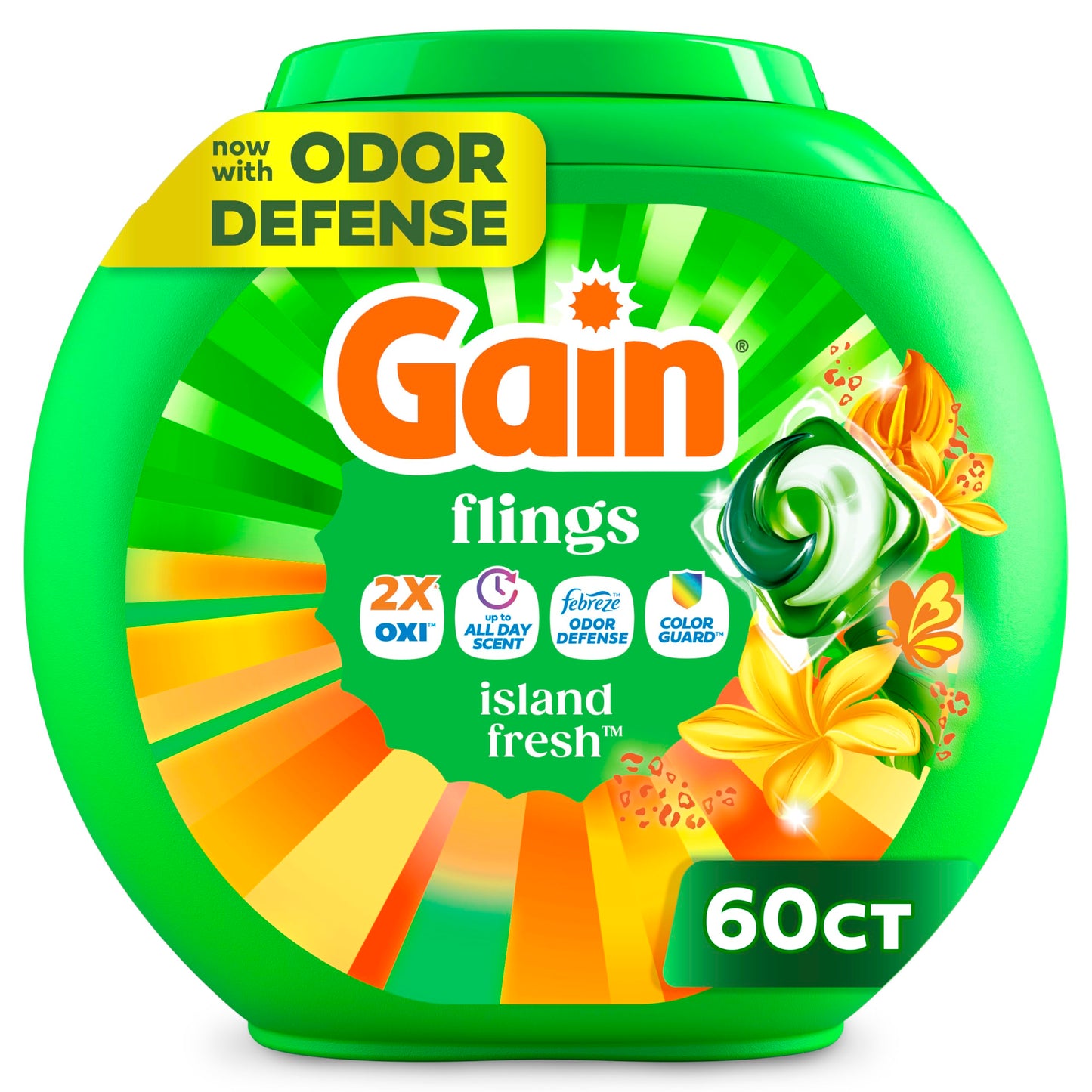 Gain Flings Liquid Washing Detergent Pacs with Odor Defense + Color Guard, Island Fresh Scent, 4-In-1 Liquid Laundry Detergent Pods, Clean & Fresh, 60