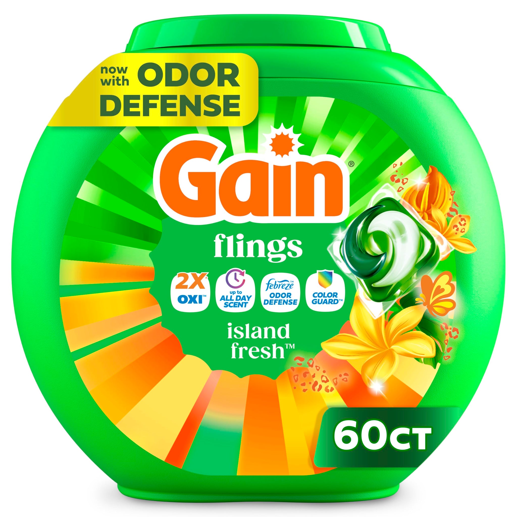 Gain Flings Liquid Washing Detergent Pacs with Odor Defense + Color Guard, Island Fresh Scent, 4-In-1 Liquid Laundry Detergent Pods, Clean & Fresh, 60