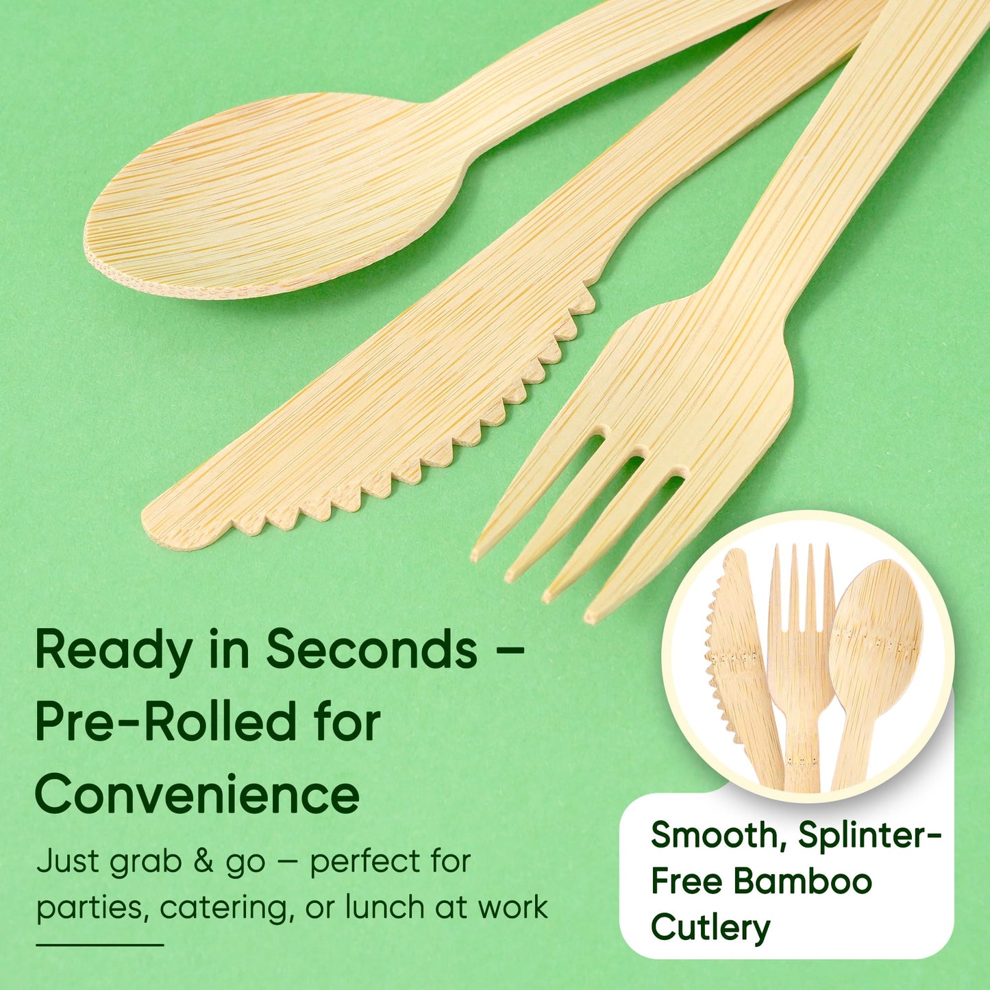 FEHHTO Napkin and Bamboo Cutlery Set, Compostable Utensils Disposable Cutlery for Party, Wedding, BBQ, Camping, Events-50 Pack (Forks, Knives, Spoons