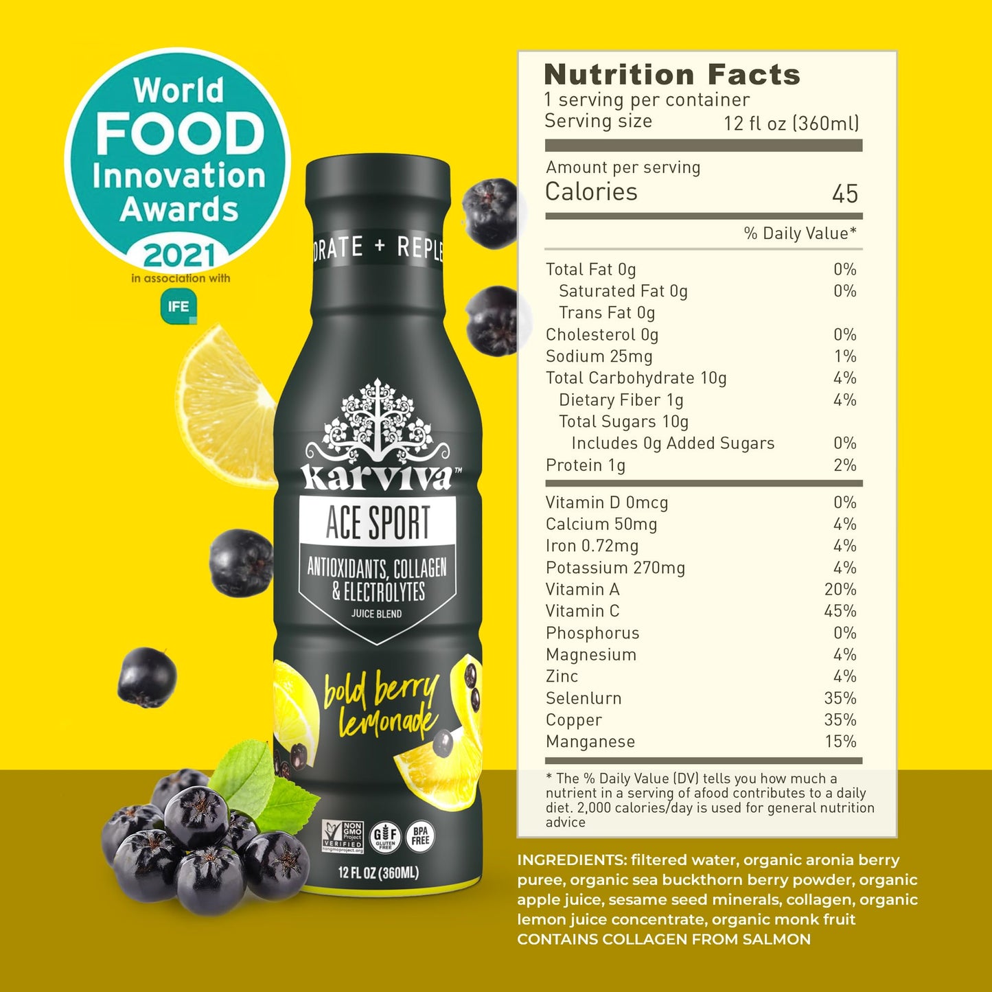 Karviva ACE Collagen Sport Juice Variety Pack - Inspired by Traditional Eastern Remedies for Healthy Joints, Skin & Hair. Collagen Hydration Drinks