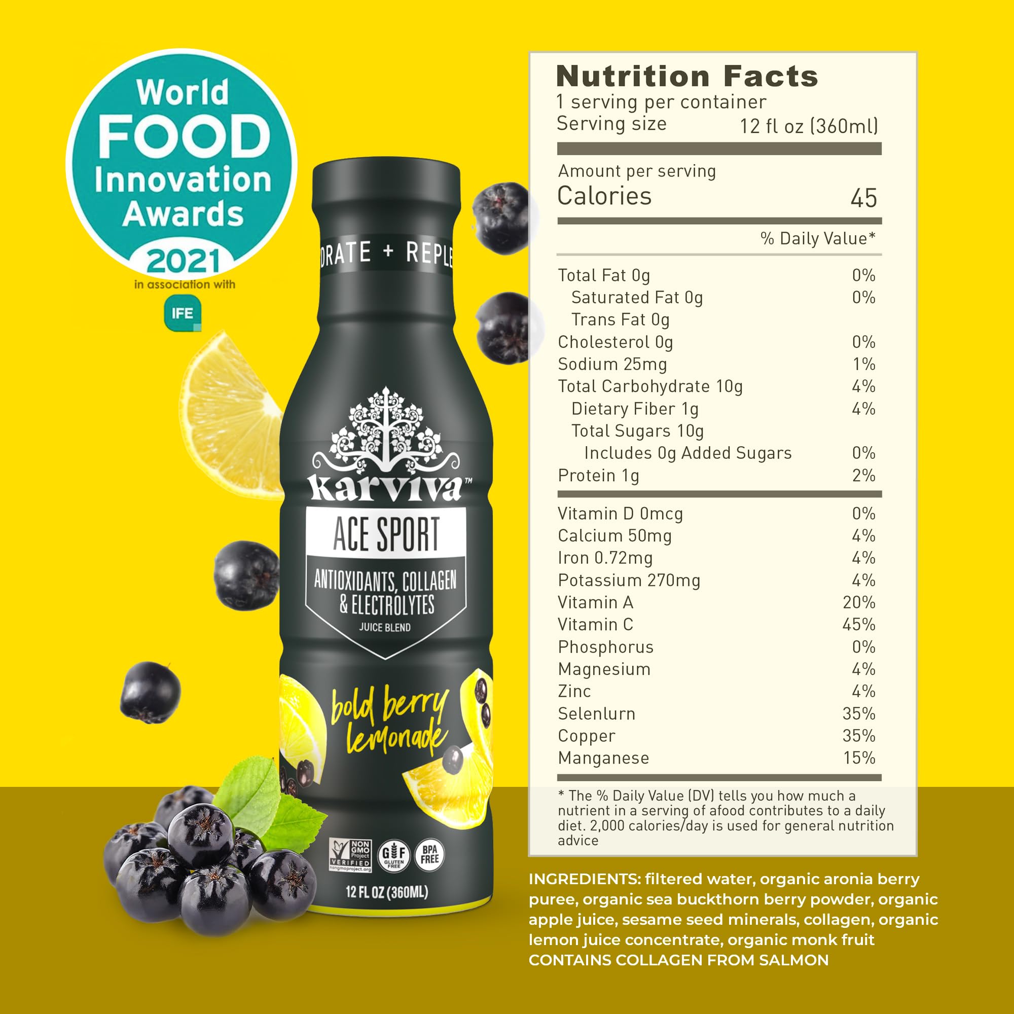 Karviva ACE Collagen Sport Juice Variety Pack - Inspired by Traditional Eastern Remedies for Healthy Joints, Skin & Hair. Collagen Hydration Drinks