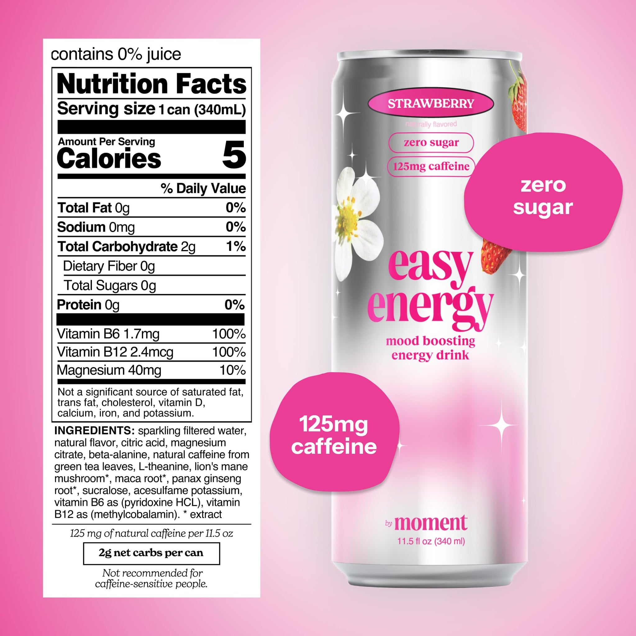 Easy Energy Drink (Strawberry) - Zero Sugar Sparkling Energy Drink with Natural Caffeine, Magnesium & Lion’s Mane - Clean Energy for Workouts & Busy