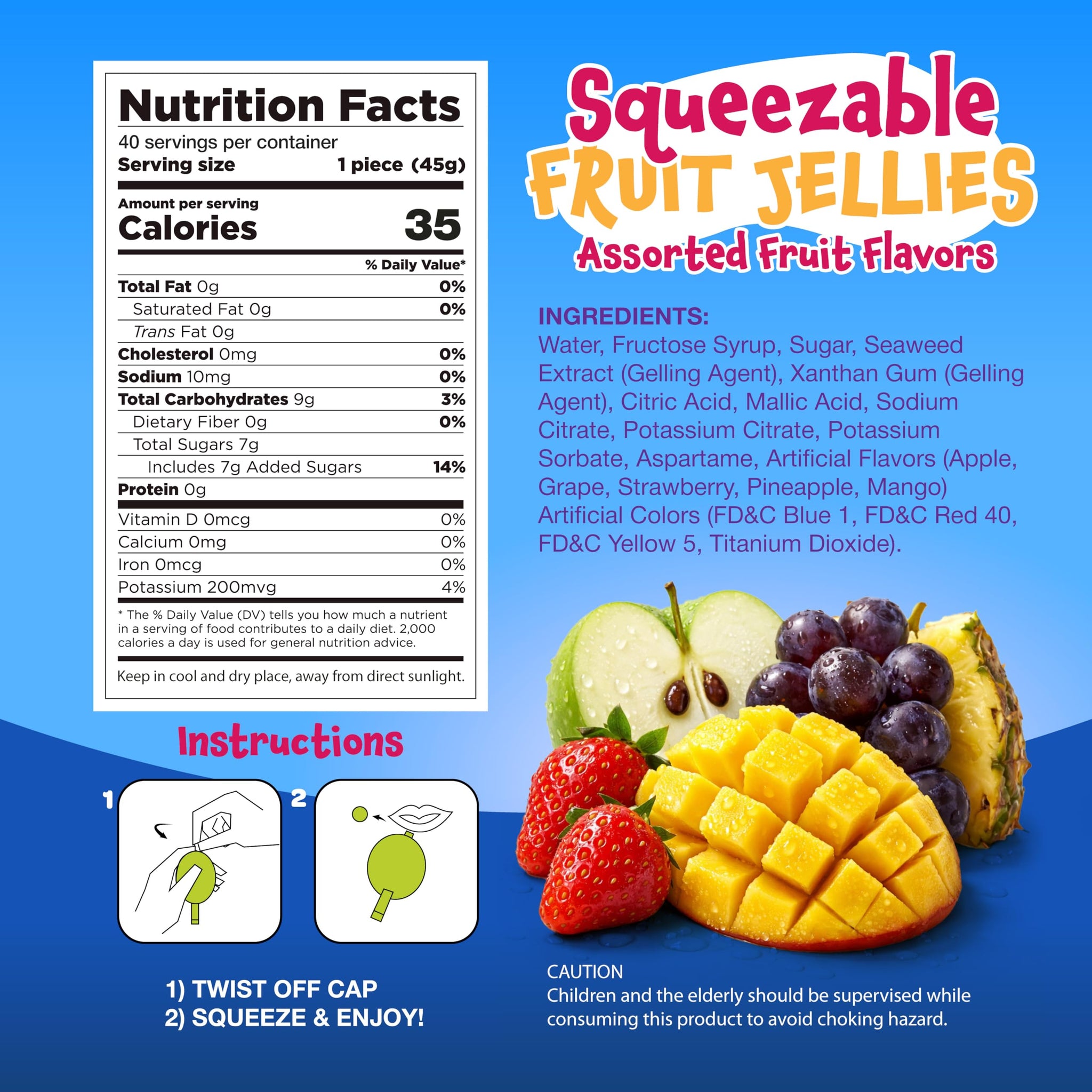 Fruit Squeezable Jellies - 40 Count Jar - Tik Tok Candy - Fun Jelly Treat in Assorted Fruit Flavors - Mango, Strawberry, Apple, Pineapple & Grape