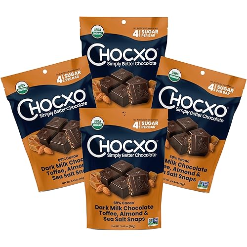 Chocxo Dark Milk Chocolate Toffee, Almond & Sea Salt Snaps - Low in Real Sugar, Organic, Non-GMO, Gluten Free & Kosher, No Artificial Sweeteners or
