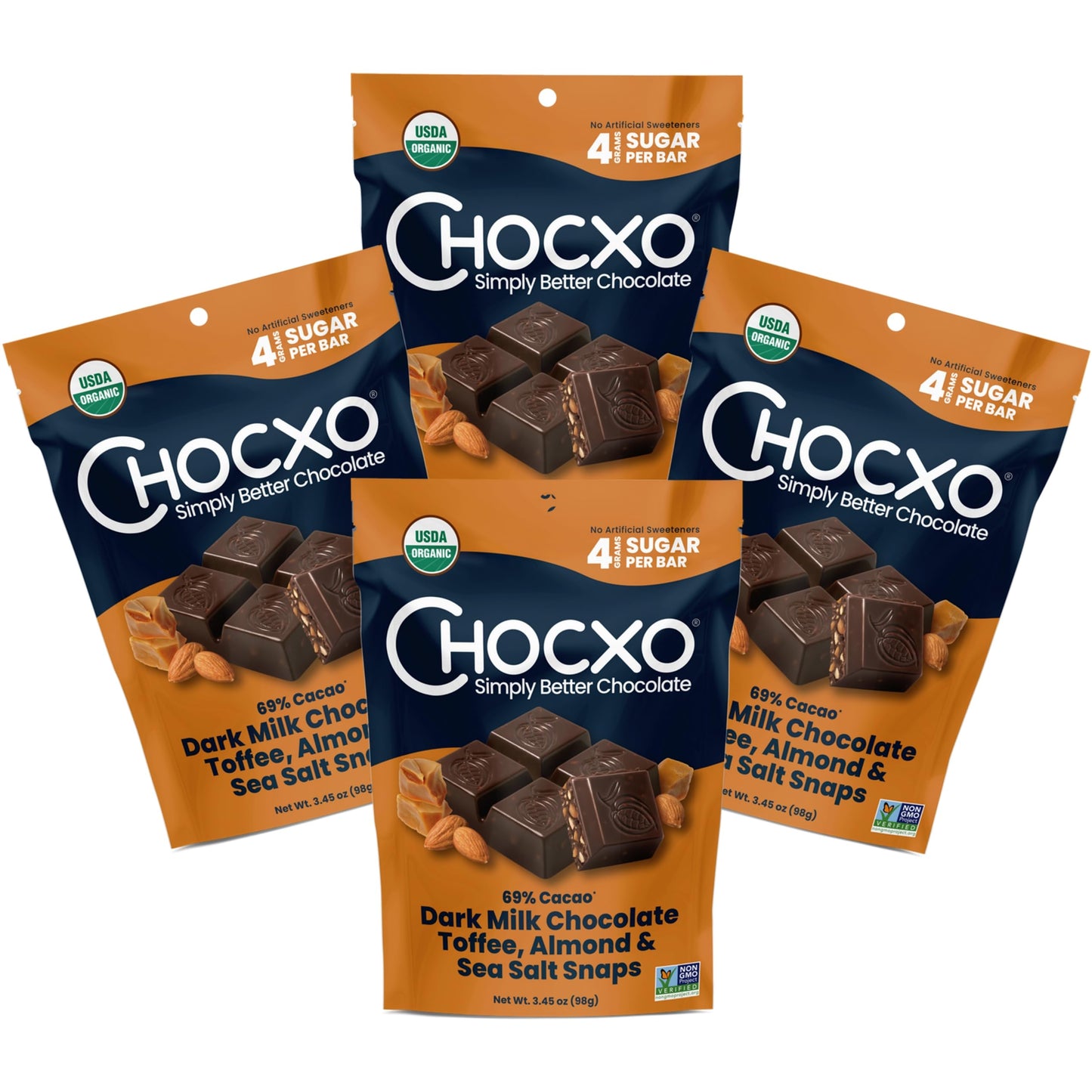 Chocxo Dark Milk Chocolate Toffee, Almond & Sea Salt Snaps - Low in Real Sugar, Organic, Non-GMO, Gluten Free & Kosher, No Artificial Sweeteners or