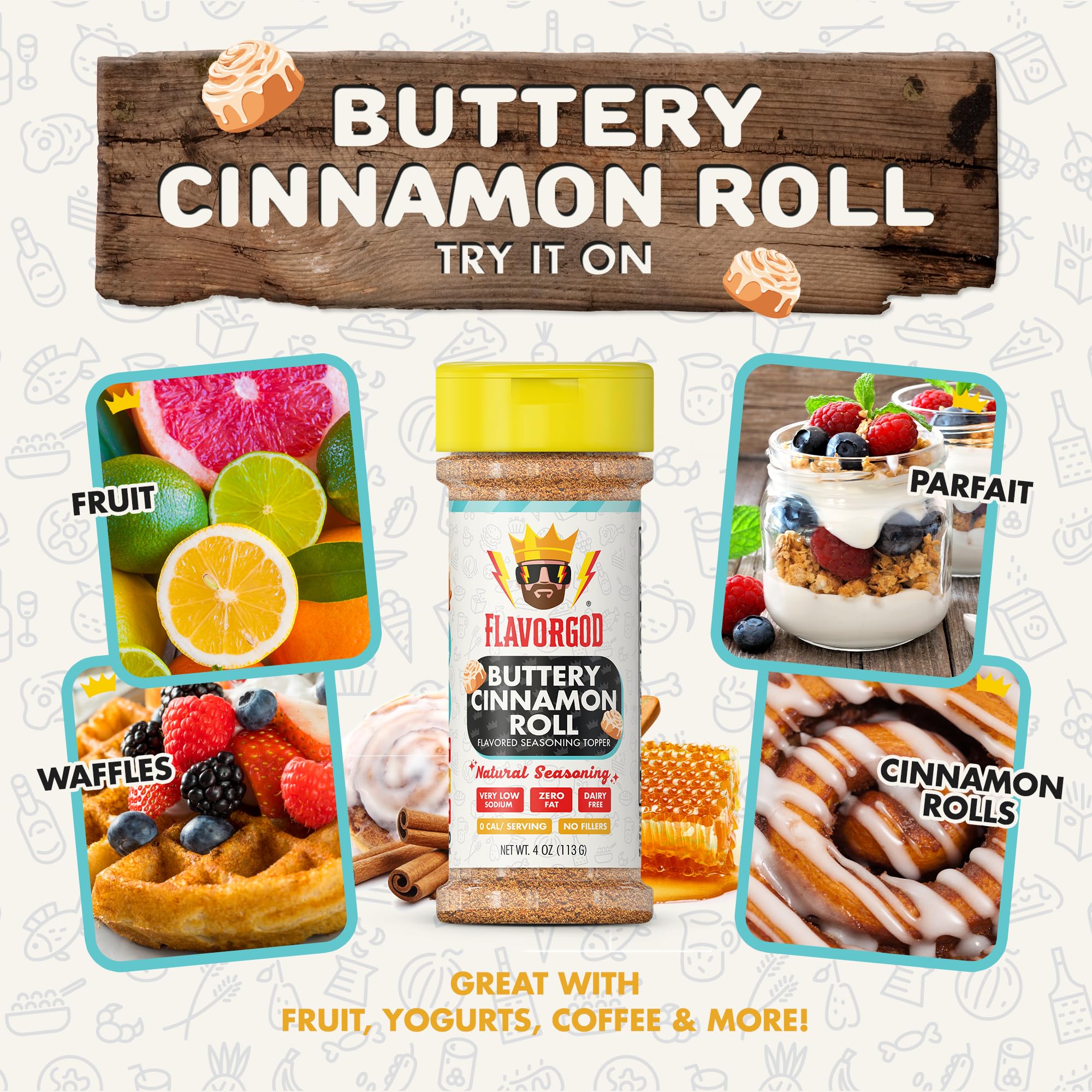 Flavor God Buttery Cinnamon Roll Seasoning Topper Mix, Natural Healthy Blend For Chocolate Donuts, Coffee, Oatmeal, Pancakes, Sandwiches, Fruit, Ice
