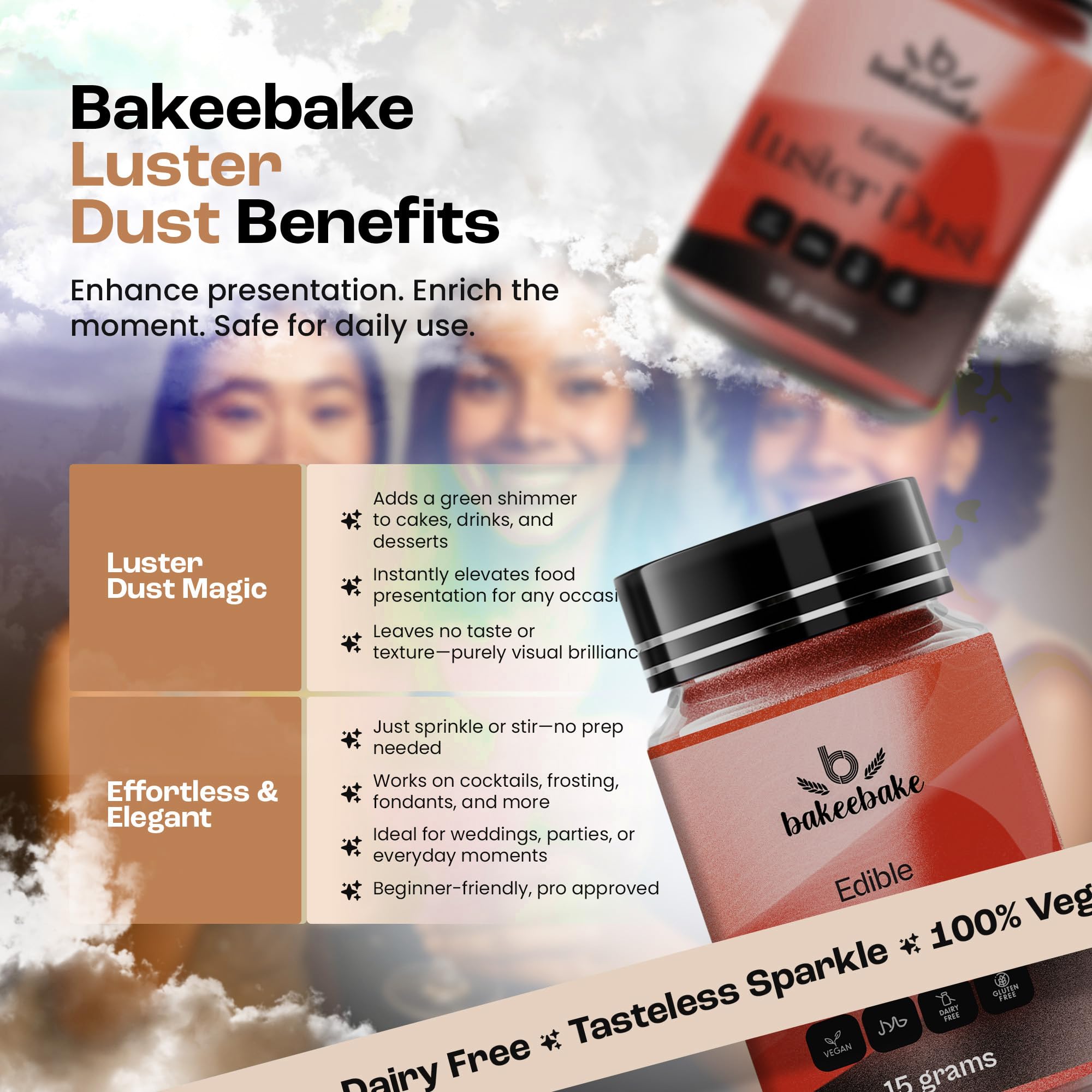Bakeebake Luster Dust Edible 15g - Edible Glitter for Drinks & Desserts - Gluten Free Edible Red Dust for Cake Decorating - Tasteless Vegan Drink