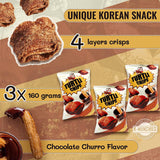 K-Munchies Orion Turtle Chips - 3 Packs of 160-gram Choco Churro Flavor Korean Chips - Sweet, Crispy, Korean Snacks with Hint of Cinnamon