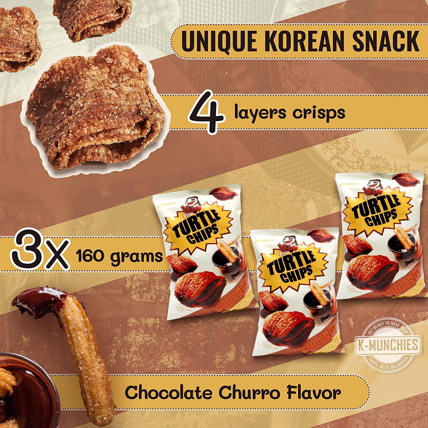 K-Munchies Orion Turtle Chips - 3 Packs of 160-gram Choco Churro Flavor Korean Chips - Sweet, Crispy, Korean Snacks with Hint of Cinnamon