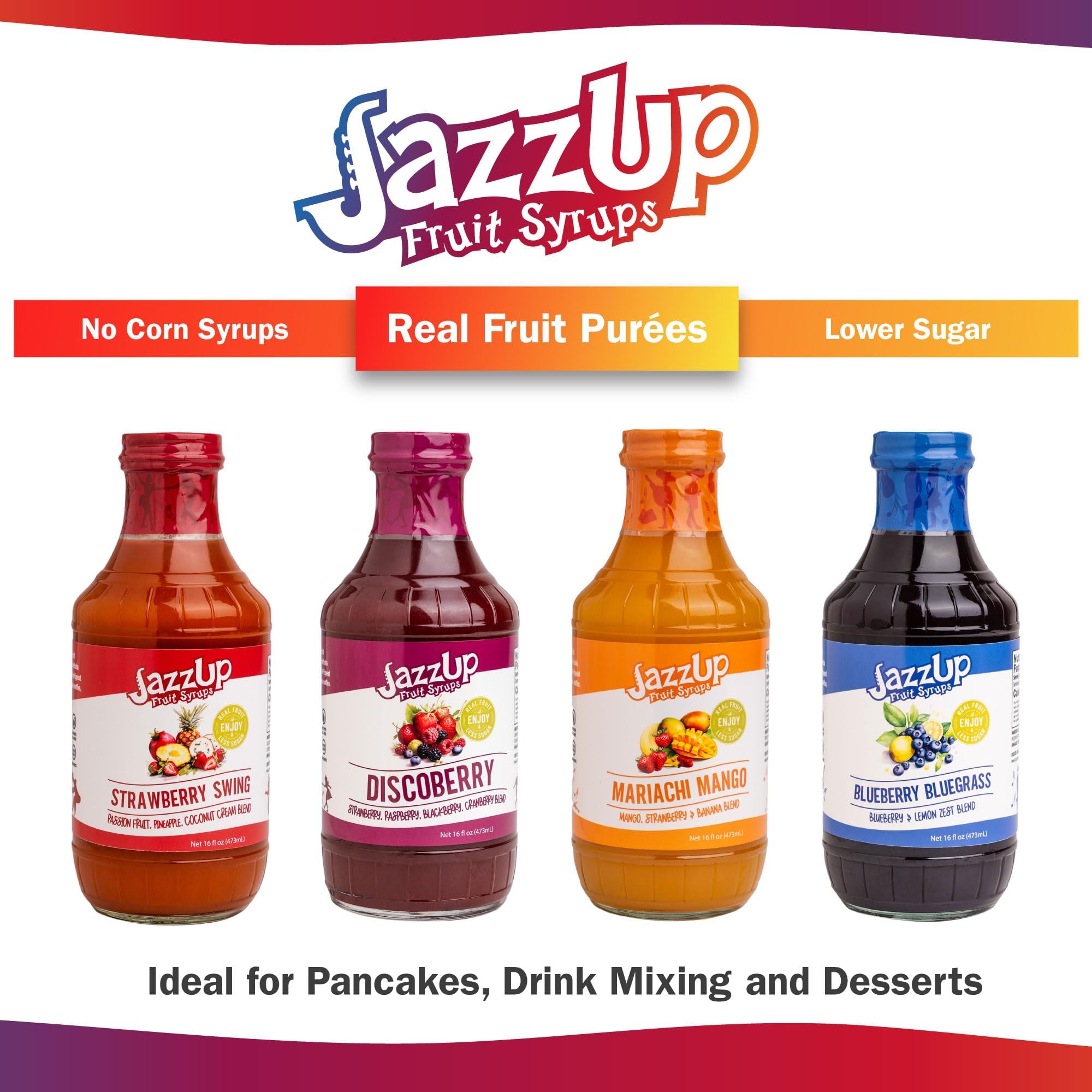 Jazzup Discoberry (Mixed Berry) Real Fruit Syrup - Pancakes, Waffles, Crepes, Lemonades, Cocktails & Drink Mixing - 16oz