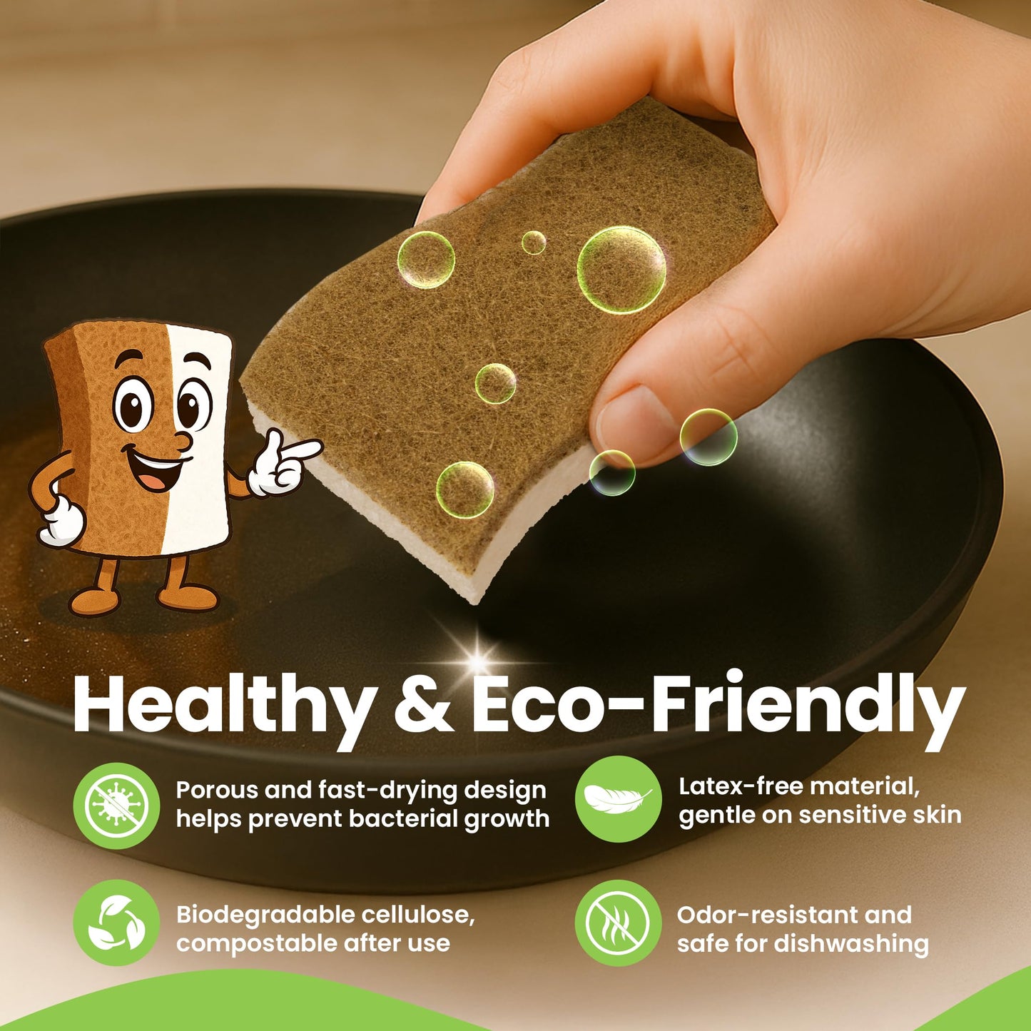 Super Eco Natural Kitchen Sponges Pack of 12 - Biodegradable Compostable Cellulose & Coconut Scrubber Sponge with Non-Scratch - Long Lasting, Eco