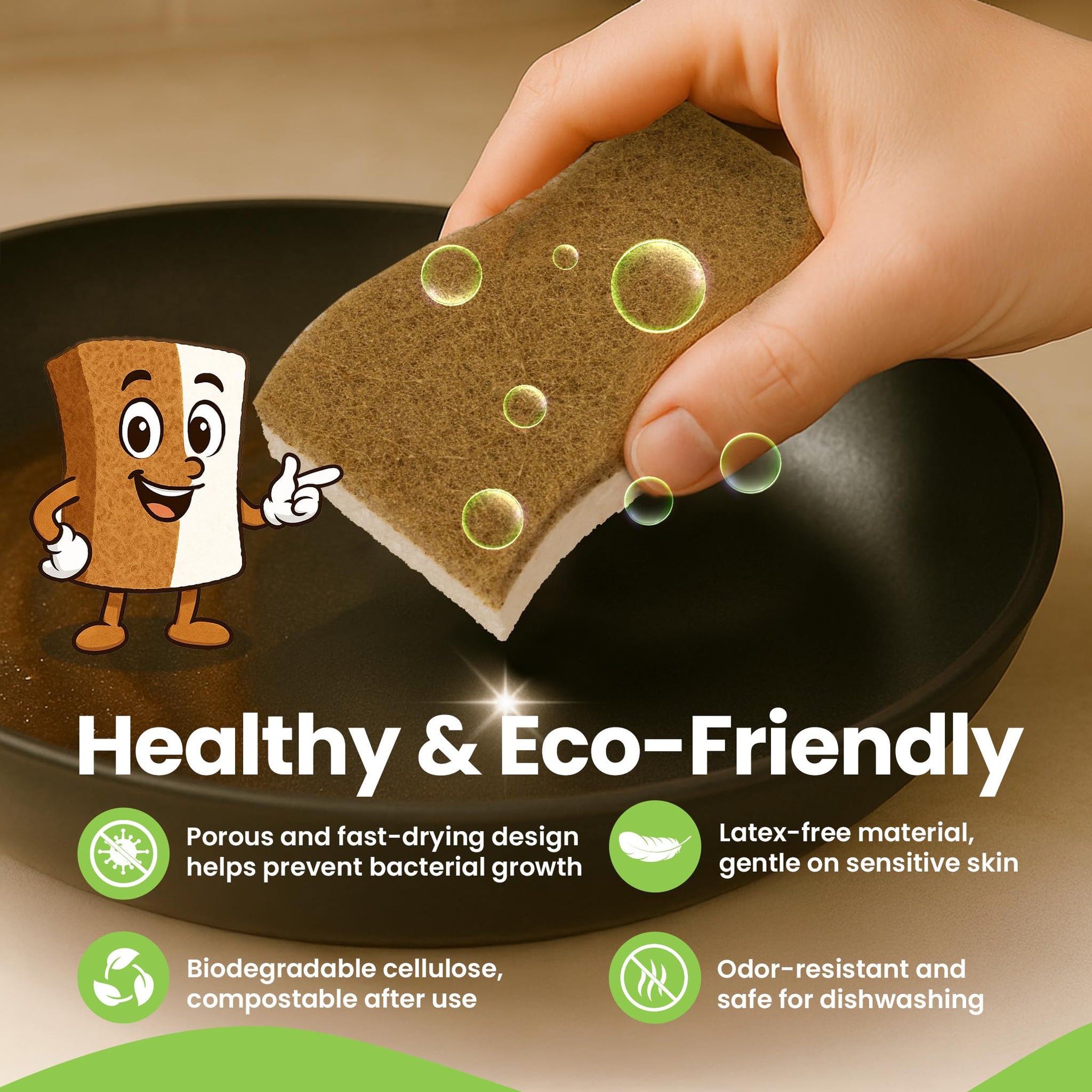 Super Eco Natural Kitchen Sponges Pack of 12 - Biodegradable Compostable Cellulose & Coconut Scrubber Sponge with Non-Scratch - Long Lasting, Eco