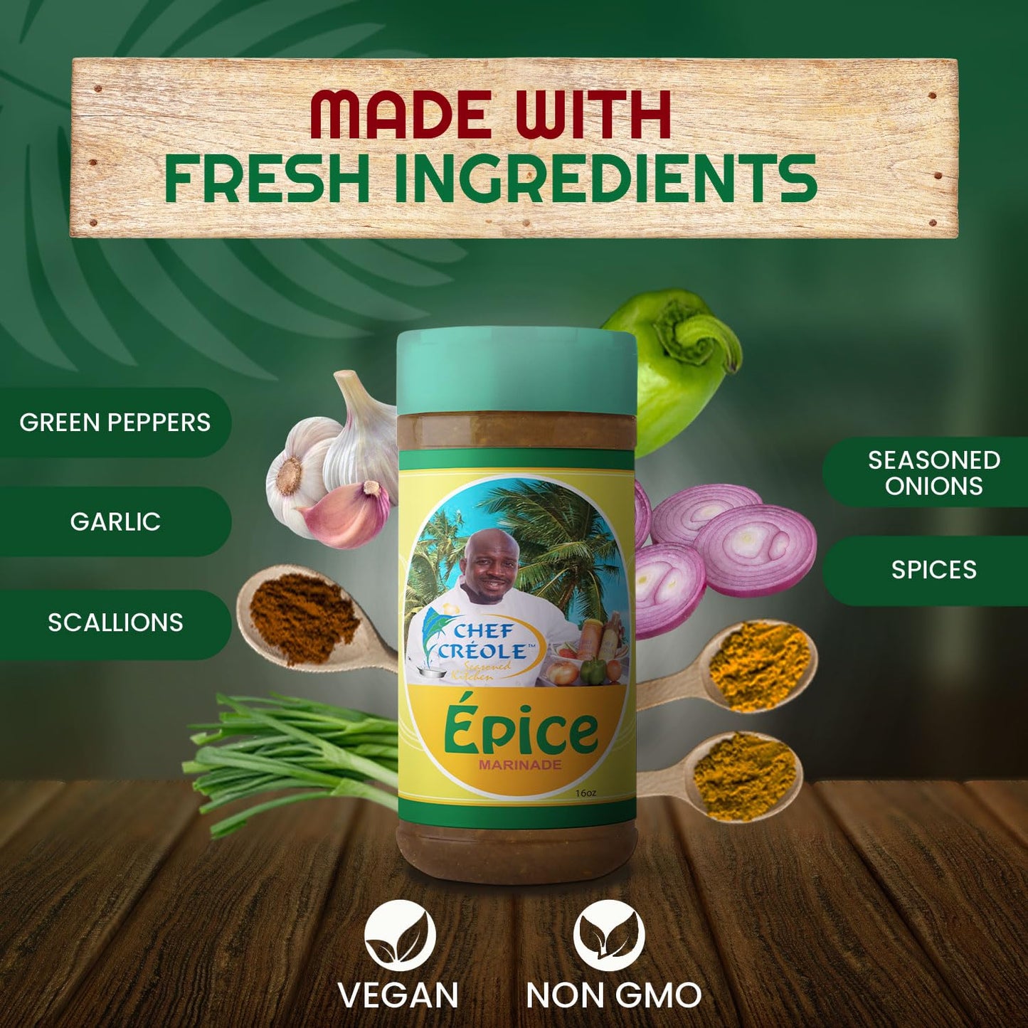 Chef Creole Epice Marinade - Spicy & Flavorful Creole Seasoning with Garlic, Green Peppers, Onions & Scallions - Vegan & Non-GMO Marinades for Meats