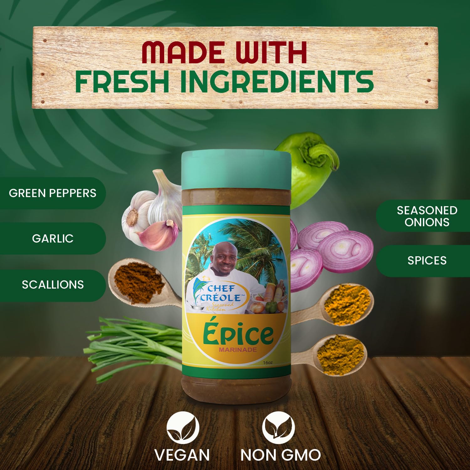 Chef Creole Epice Marinade - Spicy & Flavorful Creole Seasoning with Garlic, Green Peppers, Onions & Scallions - Vegan & Non-GMO Marinades for Meats