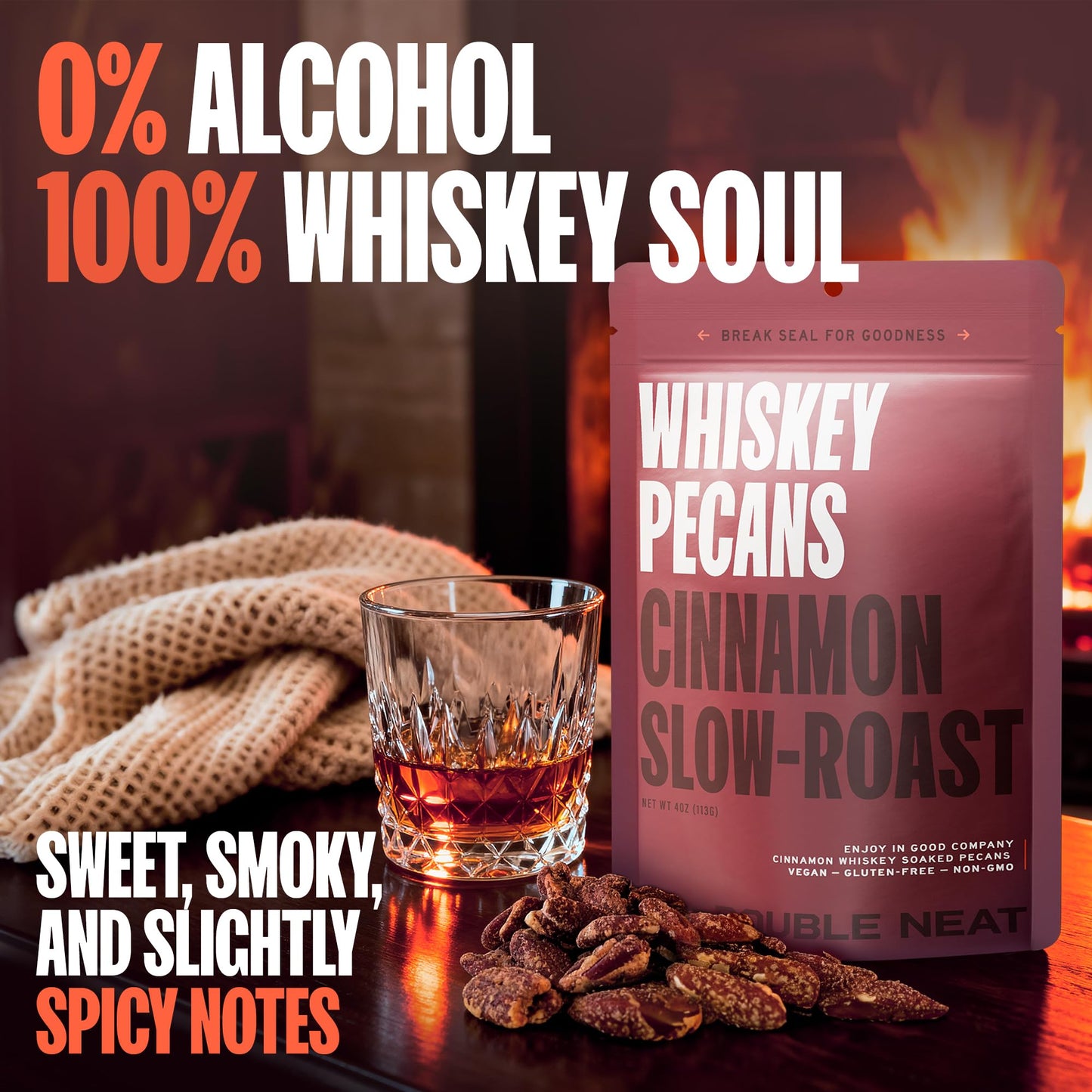 Double Neat Cinnamon Whiskey Pecans - Healthy Fathers Day Snacks Gift - Bourbon Snacks for Men - Vegan & Gluten-Free - Cinnamon Slow-Roasted Candied