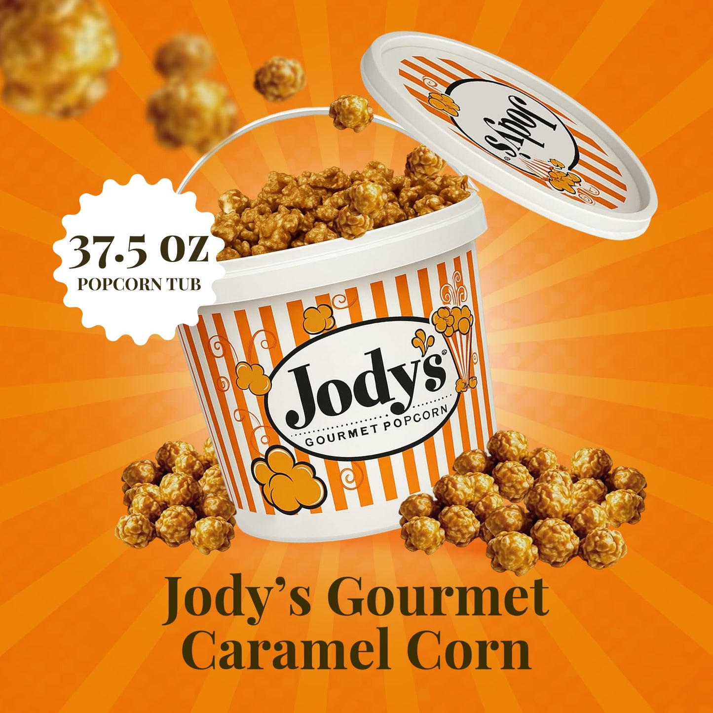 Jody’s Gourmet Caramel Corn Tub 37.5oz - Sweet Crunchy Popcorn Made with Real Butter & Non-GMO Kernels - Gluten Free, Kosher Dairy - Perfect