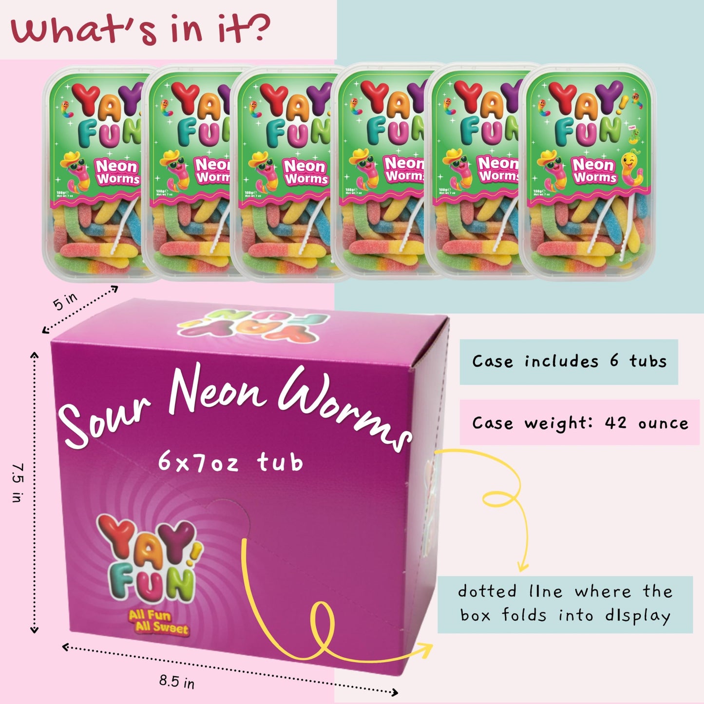Halal Sour Neon Gummy Worms | 6 Pack Bundle (6x7 oz Tubs) | Chewy Sour Neon Color Worms | Resealable Tubs in Bulk with Display Box | Halal Bulk Sour