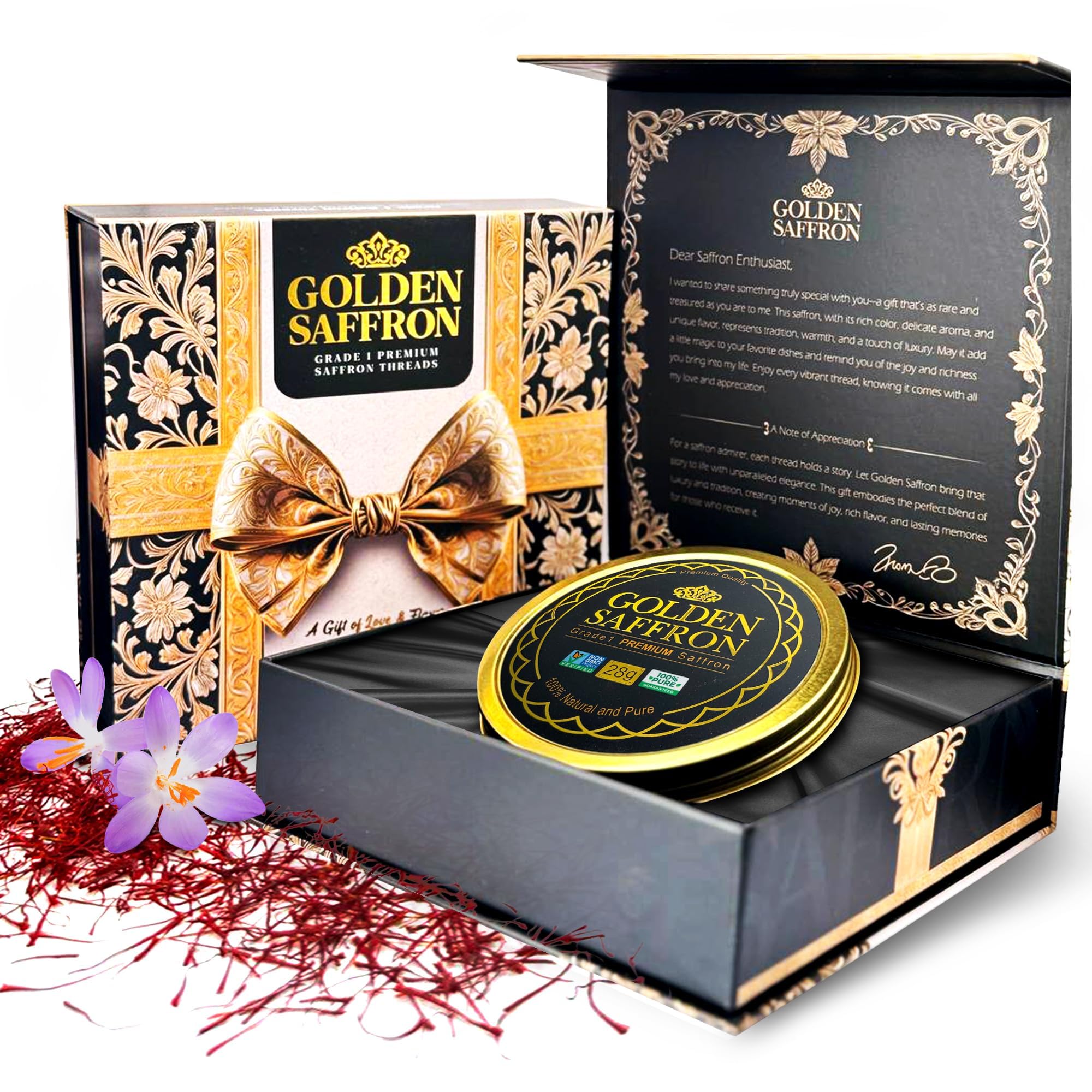 Golden Saffron Luxtury Gift Box, Premium All Red Saffron Threads, Grade A+ Super Negin, Perfect For Any Occasions Non-GMO Verified for Tea, Paella