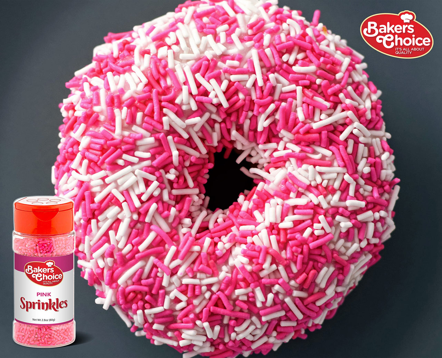 Bakers Choice Pink Sprinkles for Baking - Jimmies Sprinkles for Ice Cream Toppings - Dairy Free, Kosher 2.8 oz