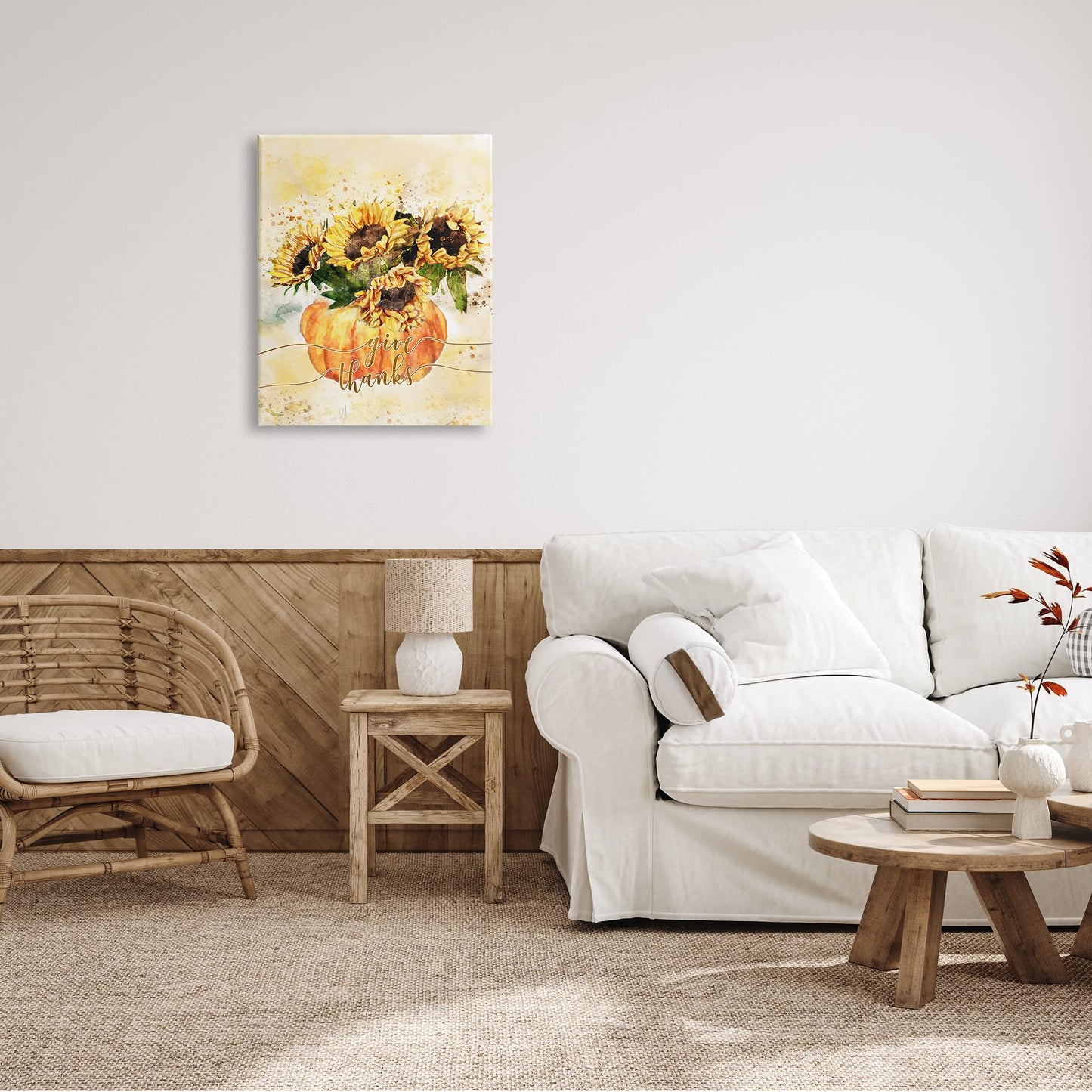 Stupell Industries Give Thanks Phrase Orange Pumpkin Sunflower Floral Burst, Design by Ziwei Li