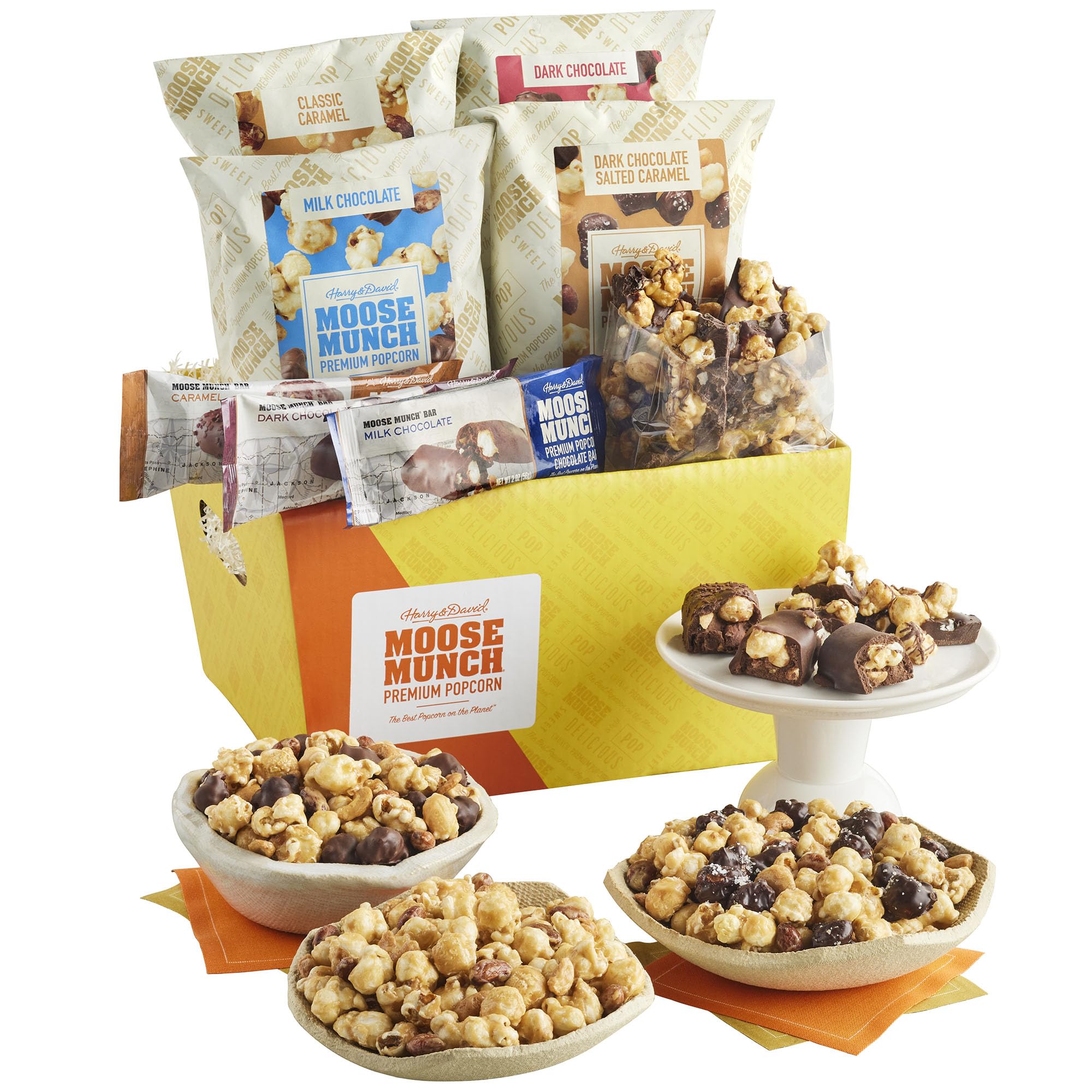 Moose Munch Gourmet Popcorn Collection By Harry & David, Popcorn Gift Basket, Includes Chocolate, Caramel, Salted Caramel Popcorn & Chocolate Bars