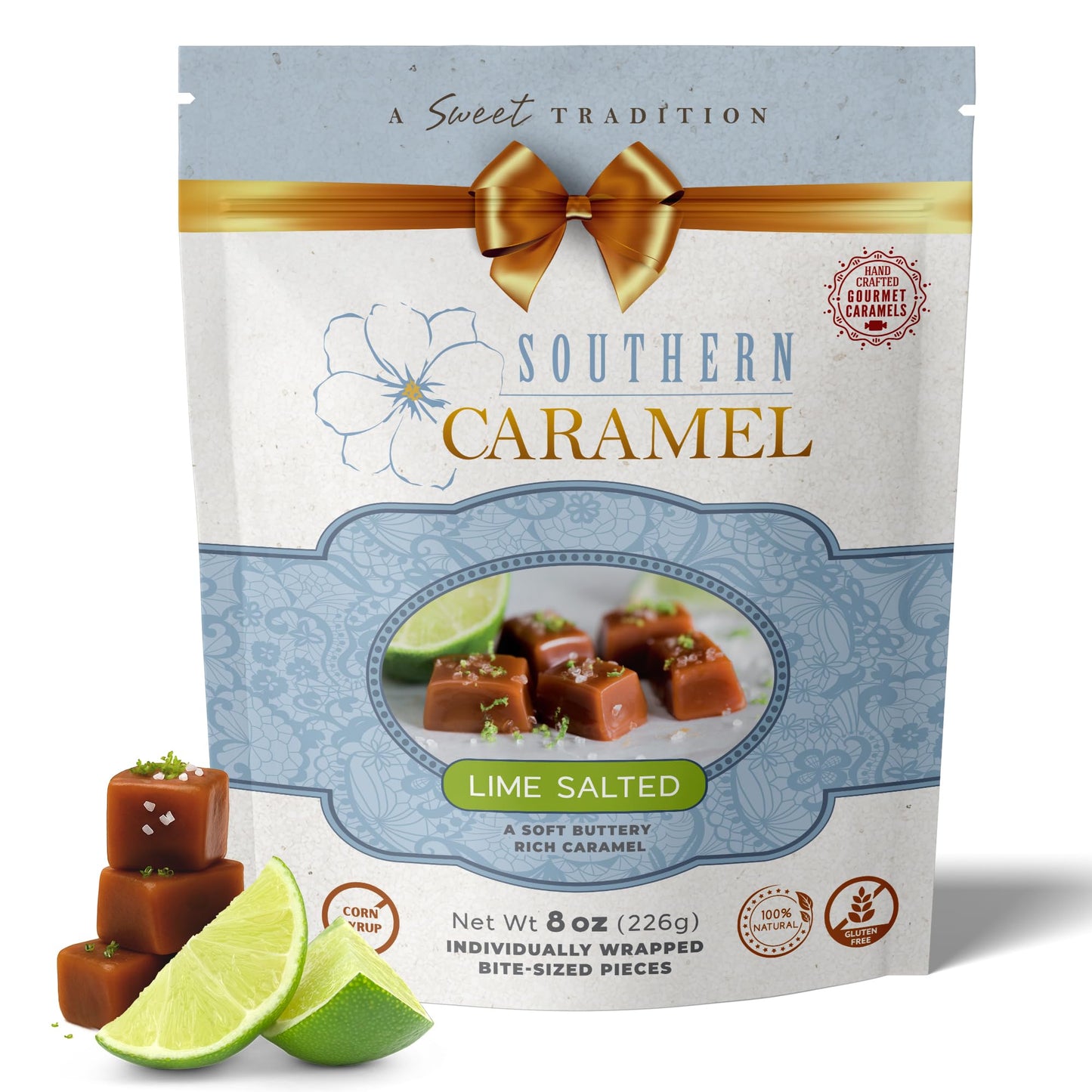 Southern Caramel Lime Salted Caramels, Soft Buttery Gourmet Caramel Candy Finished with House-Made Lime Salt, Handcrafted, Small Batch, Gluten Free