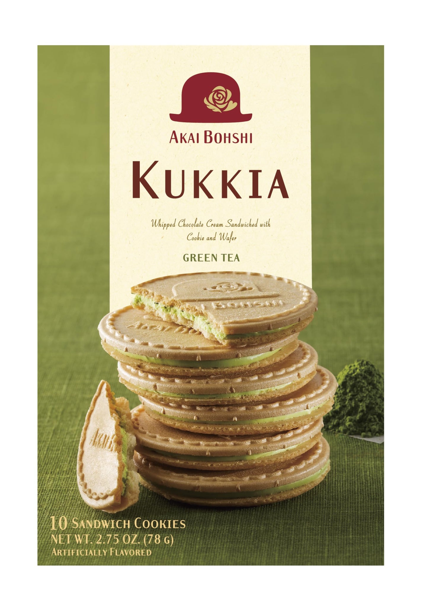Kukkia Matcha(Green Tea) Chocolate(New Package) 10ct/box- Whipped Green Tea Chocolate Cream Sandwiched with Wafer(Gaufrette) and Crispy Cookie