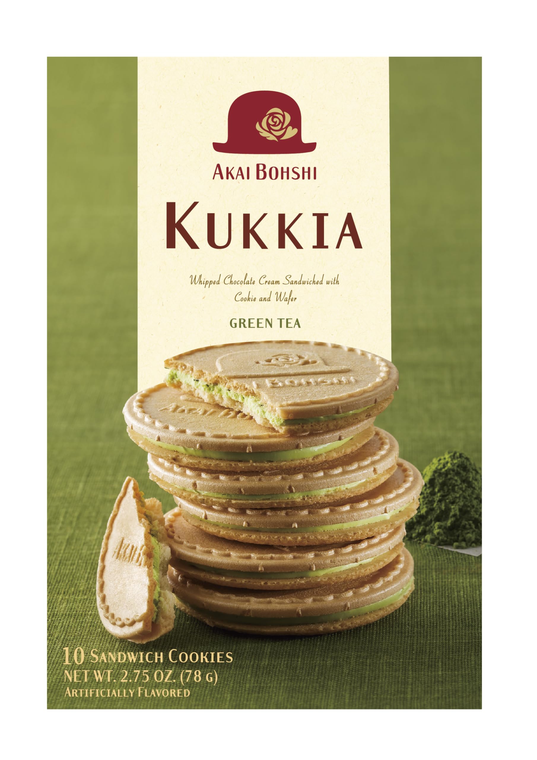 Kukkia Matcha(Green Tea) Chocolate(New Package) 10ct/box- Whipped Green Tea Chocolate Cream Sandwiched with Wafer(Gaufrette) and Crispy Cookie
