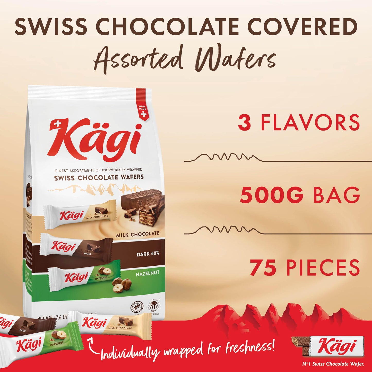 Kägi Swiss Chocolate Covered Wafers Assorted Bag - Crispy Coated, Individually Wrapped Mini-Mix of Classic, Dark & Hazelnut Flavors, 500g Bag