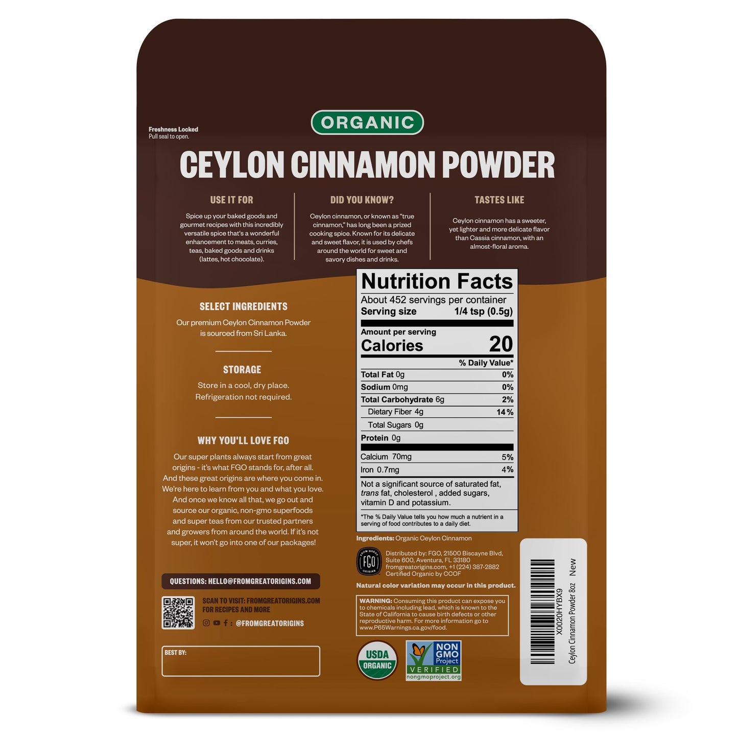 FGO Organic Ceylon Cinnamon Powder, 8oz Pure Sri Lanka Cinnamon for Spice & Seasoning, Great for Baking, Cooking, & Drinks, Additive Free, Non-GMO