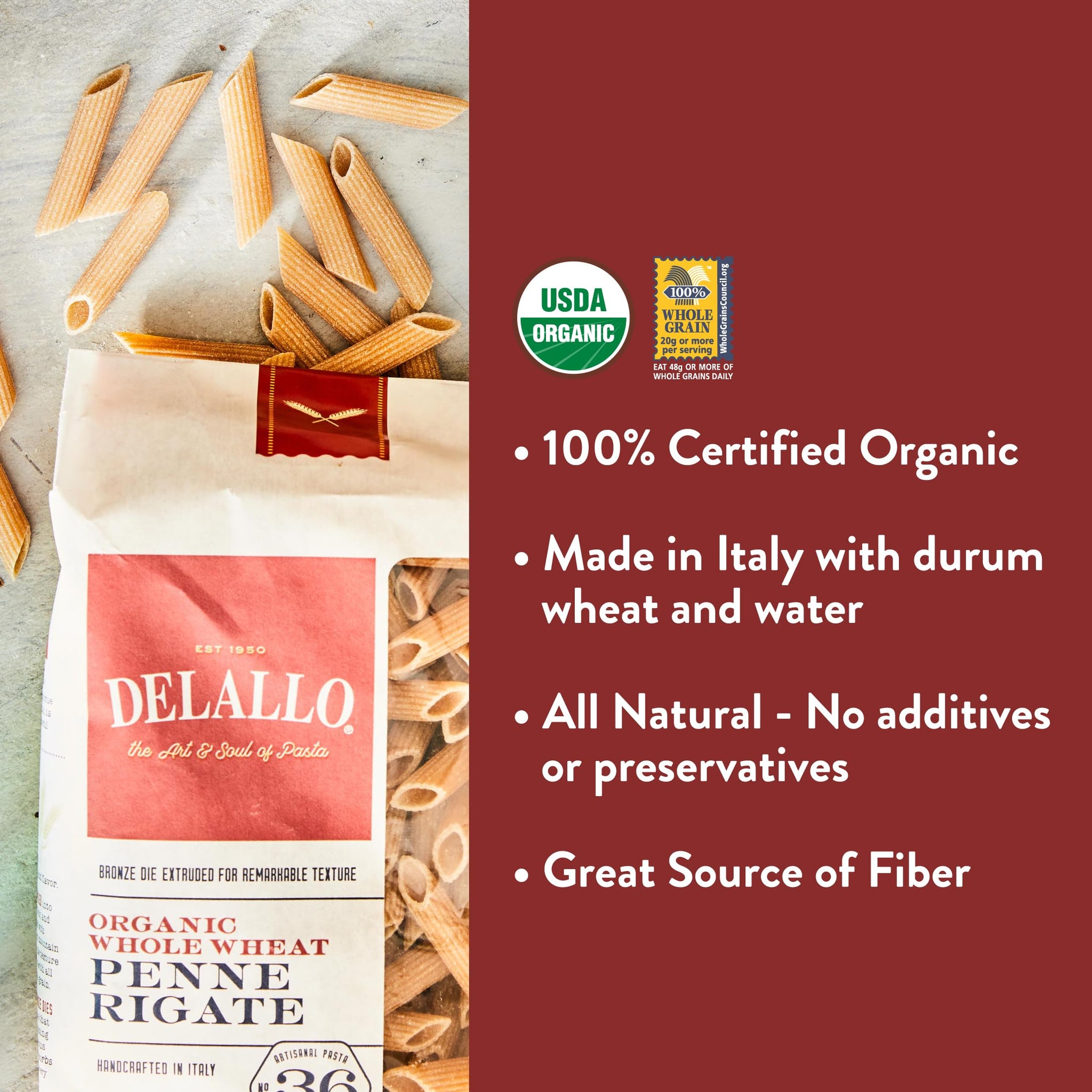 DeLallo Whole Wheat Penne Pasta, 1 Pound Bag, (4 Pack), 100% Certified Organic, Made in Italy, Whole Grain, Bronze Cut, Made with Only Durum Wheat