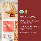 DeLallo Whole Wheat Penne Pasta, 1 Pound Bag, (7 Pack), 100% Certified Organic, Made in Italy, Whole Grain, Bronze Cut, Made with Only Durum Wheat