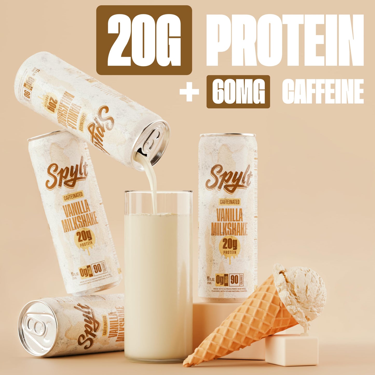 Spylt High Protein Vanilla Milkshake with 60mg Caffeine & 20g Protein - 90 Calories, Ready to Drink, Sugar Free, Lactose Free Milk, Perfect